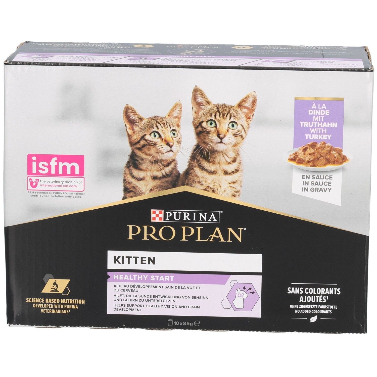 Kartonverpackung mit Katzenfutter. Purina Pro Plan Kitten, Truthahn in Sauce. Zwei Kätzchen. Mit ISFM-Logo. Ohne Farbstoffe.