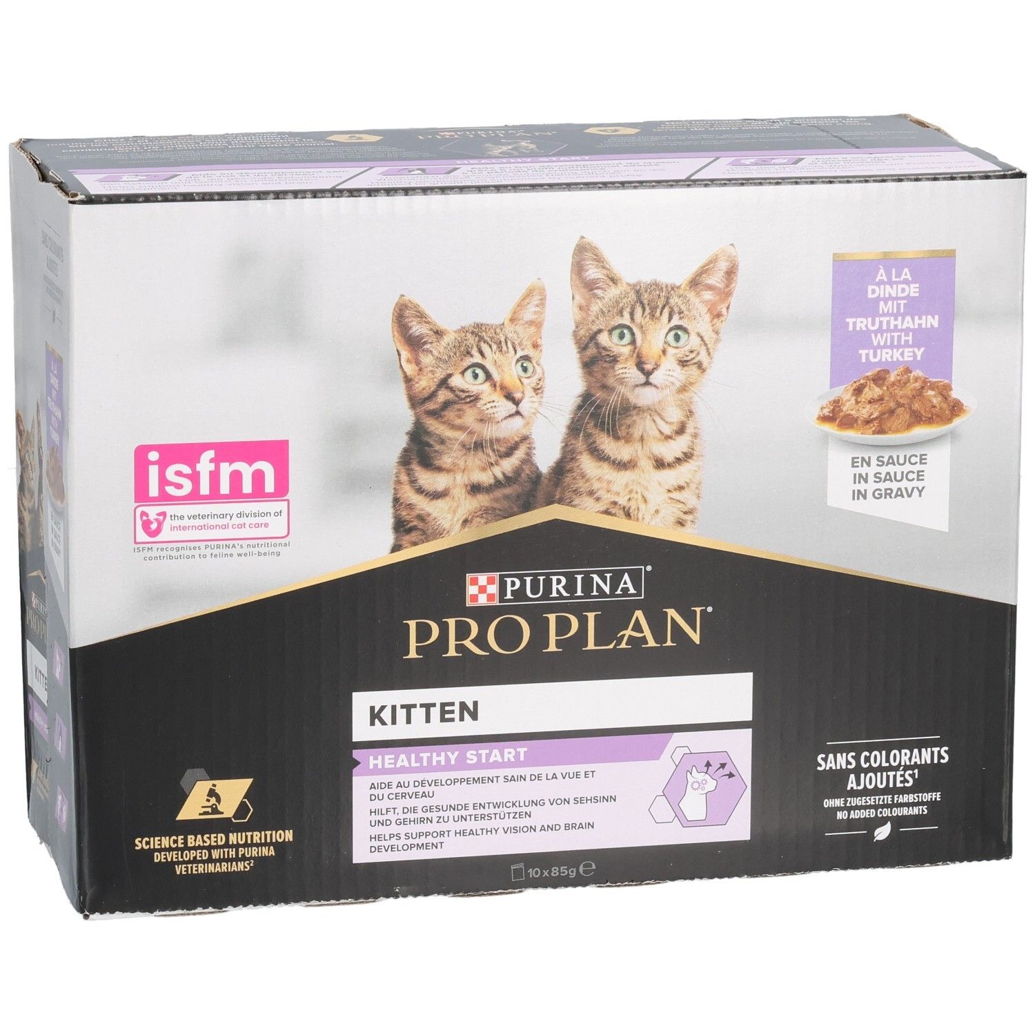 Kartonverpackung mit Katzenfutter. Purina Pro Plan Kitten, Truthahn in Sauce. Zwei Kätzchen. Mit ISFM-Logo. Ohne Farbstoffe.