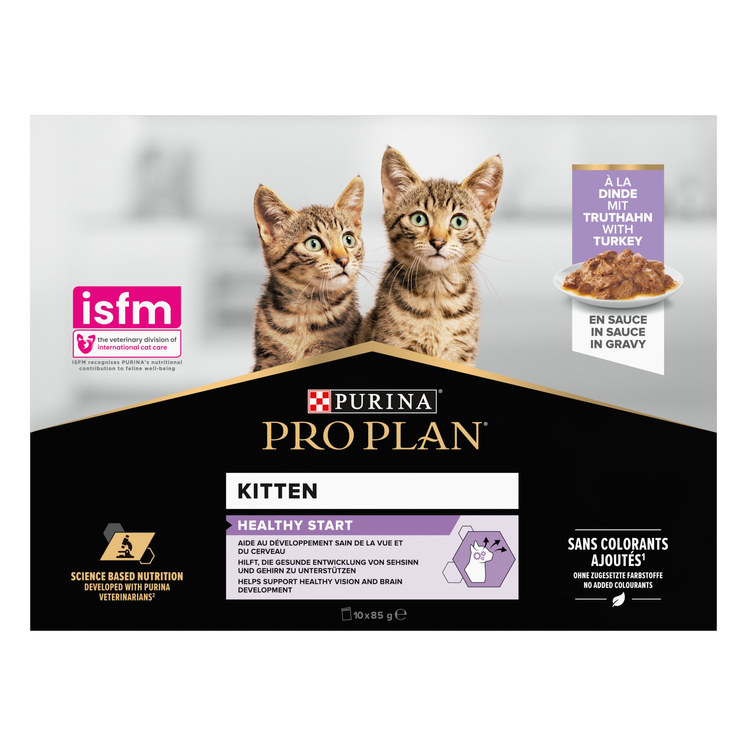 Boîte de nourriture pour chatons. Purina Pro Plan Kitten, dinde en sauce. Deux chatons. 10 x 85g.