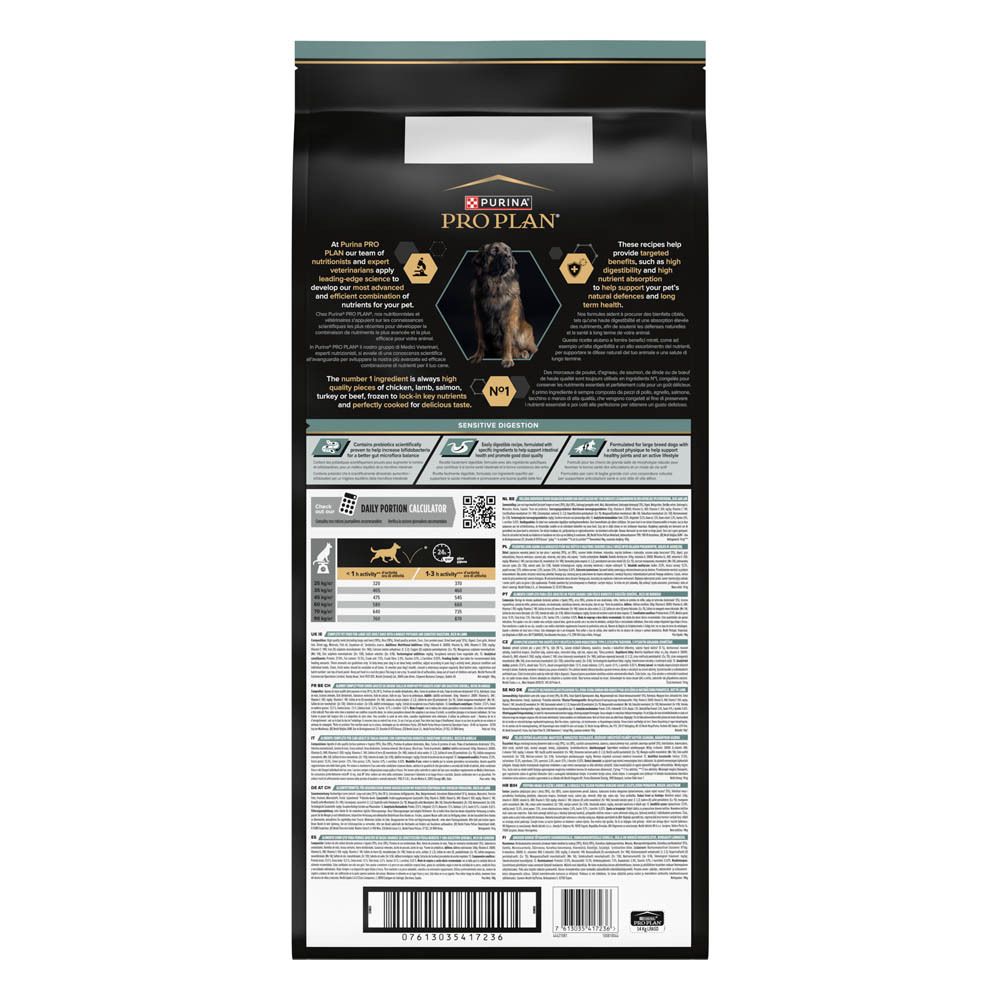 Sac noir de nourriture pour chiens. Inscription : PRO PLAN, LARGE ROBUST, ADULT, SENSITIVE DIGESTION. 14 kg.