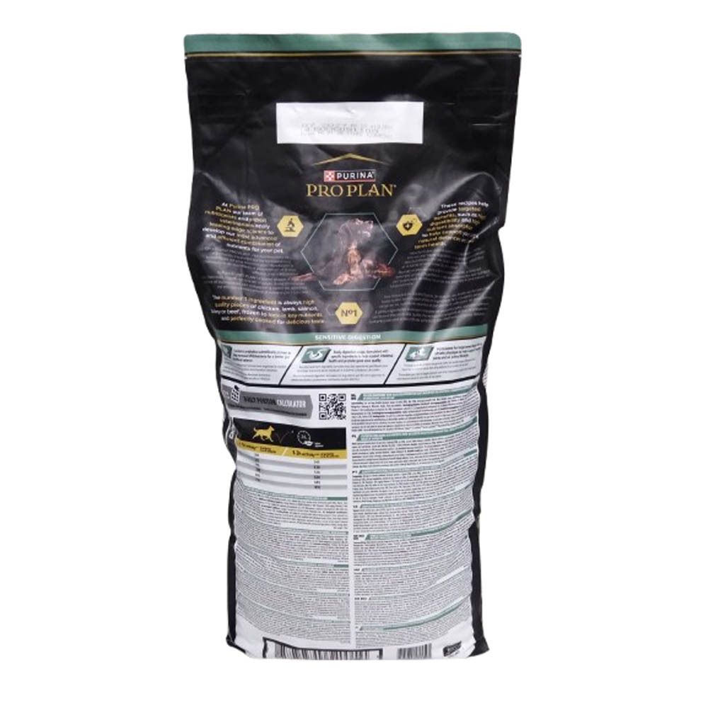 Dos du sac de nourriture pour chiens. Texte et graphiques. Logo PURINA PRO PLAN. Informations sur les ingrédients et l'alimentation.