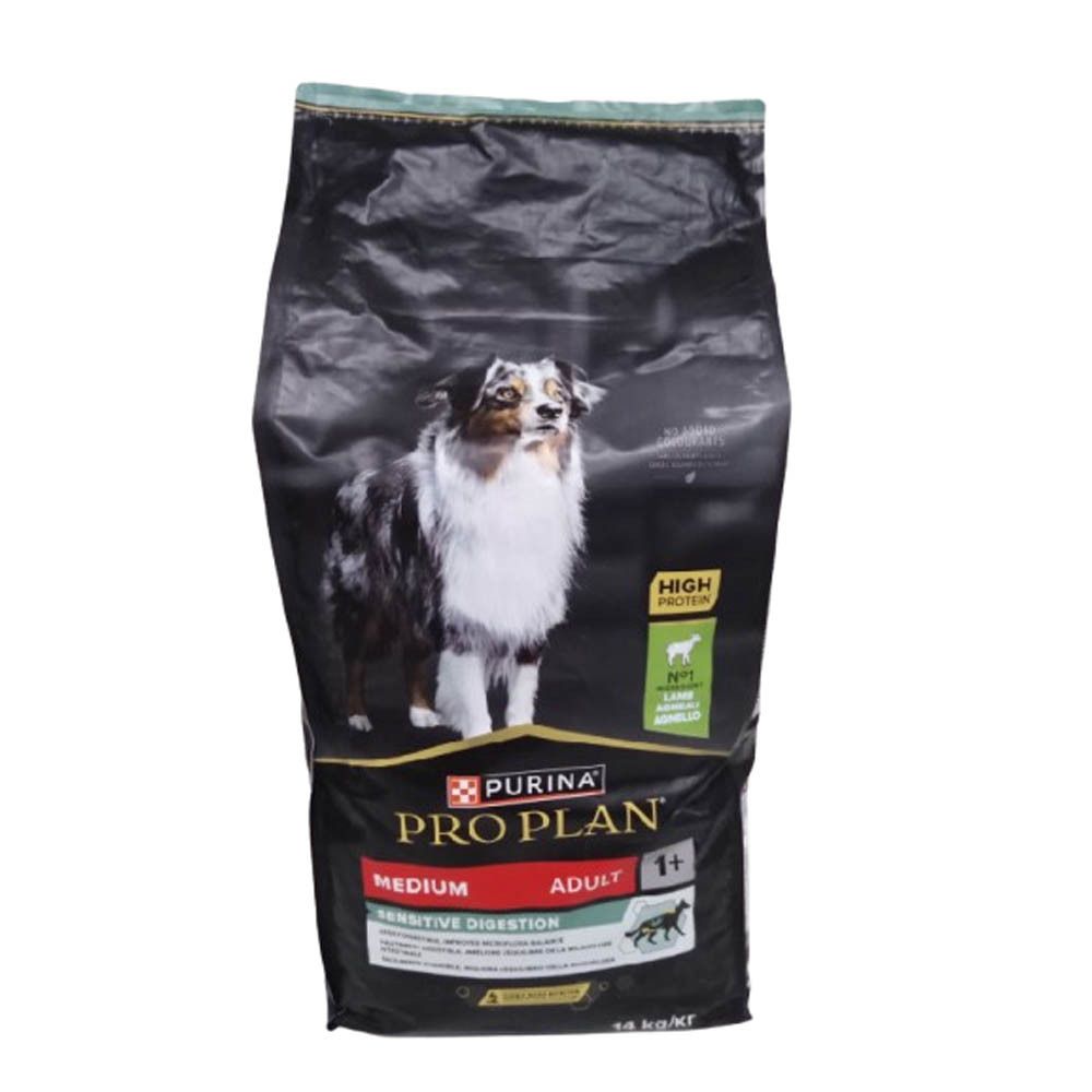 Sac noir de nourriture pour chiens Purina Pro Plan. Un chien est représenté. Texte : Medium Adult 1+ Sensitive Digestion.