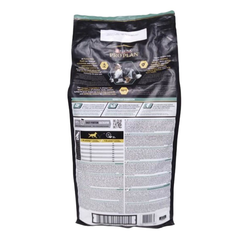 Dos du sac de nourriture pour chiens Purina Pro Plan. Contient des informations sur les ingrédients et les recommandations d'alimentation.