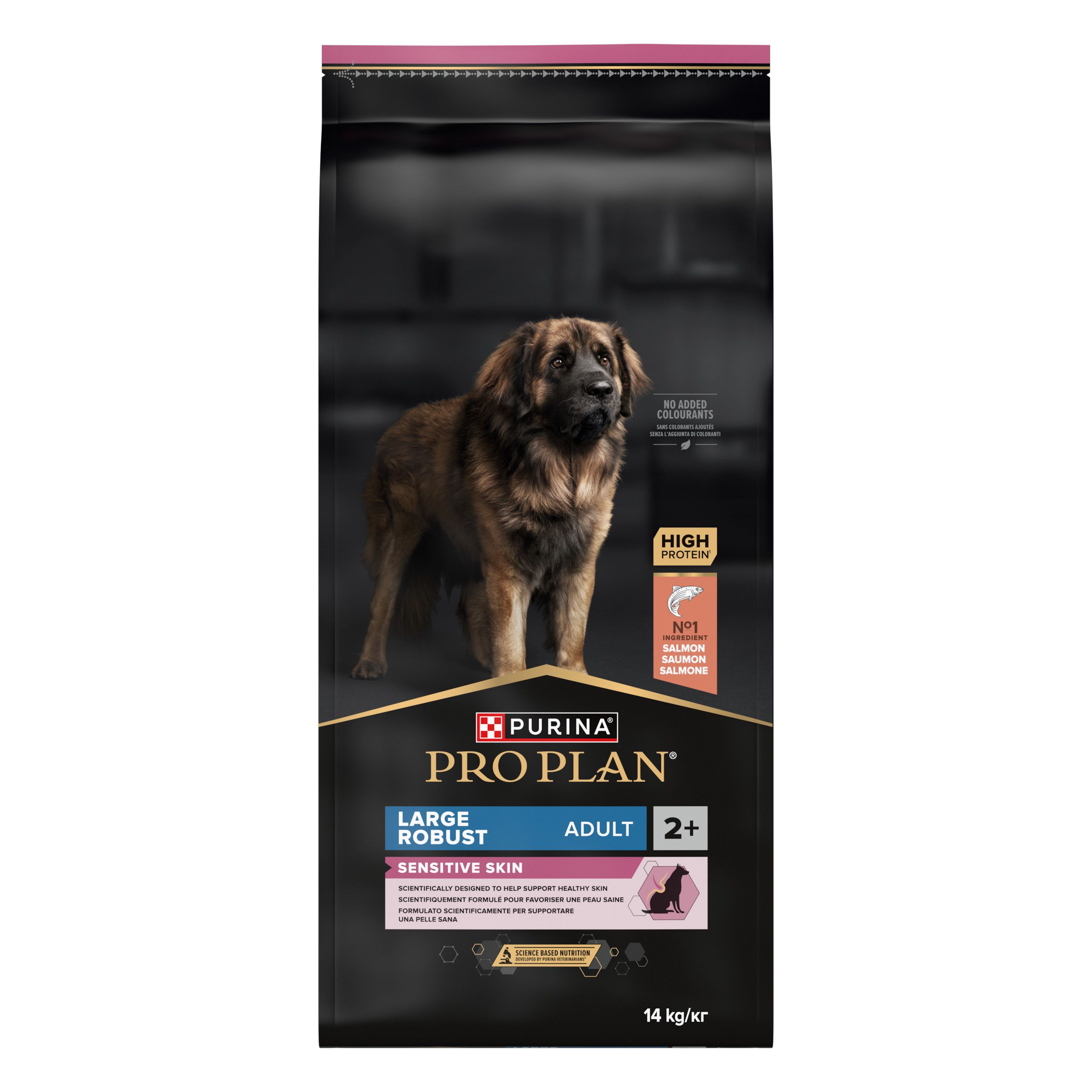 Sac de nourriture pour chiens Purina Pro Plan. Inscription : Large Robust Adult Sensitive Skin Saumon. 14 kg/kr.