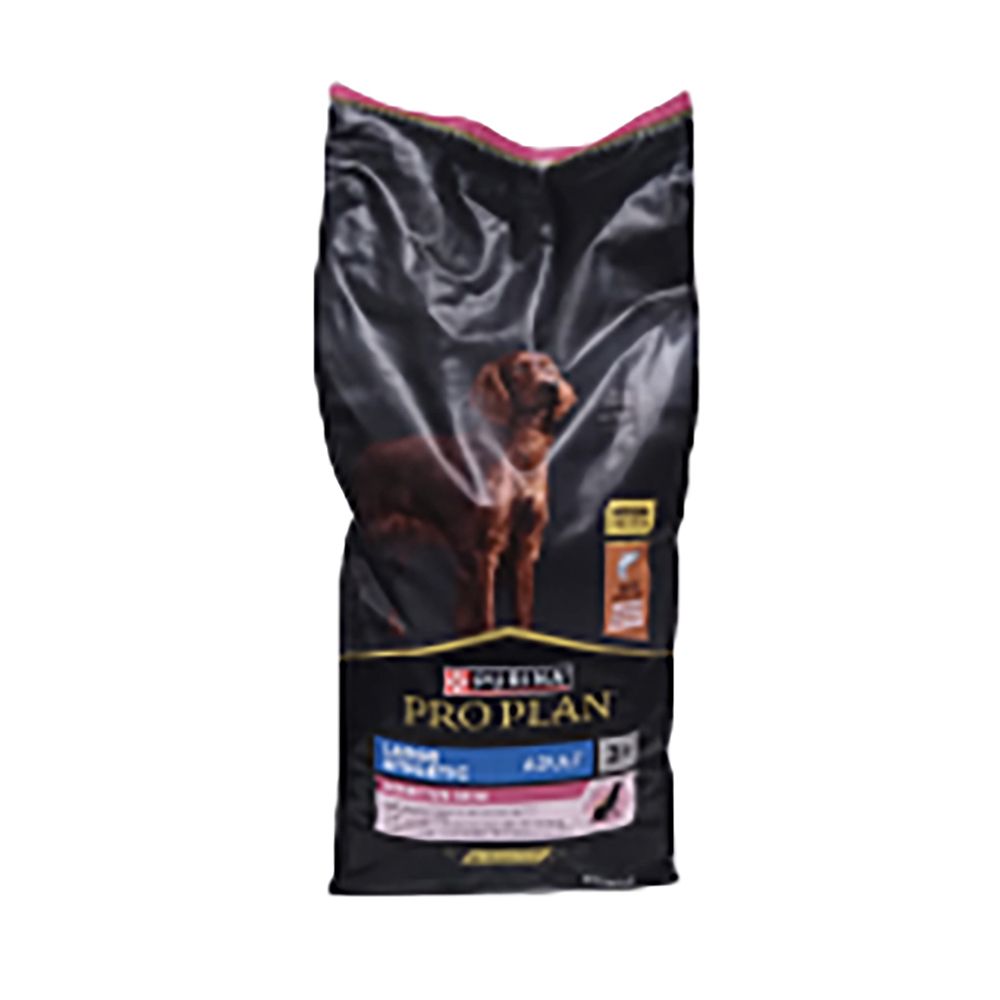 Schwarzer Beutel mit Hundefutter. Aufdruck: PRO PLAN, Hund, Text. Rosa Akzent. Bild eines Hundes.