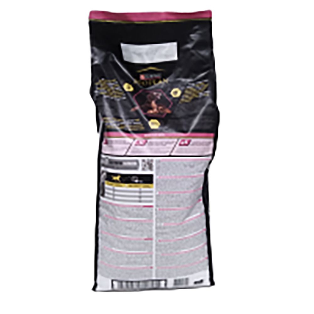 Rückseite des Hundefutterbeutels. Text und Informationen in verschiedenen Sprachen. Rosa Akzent.