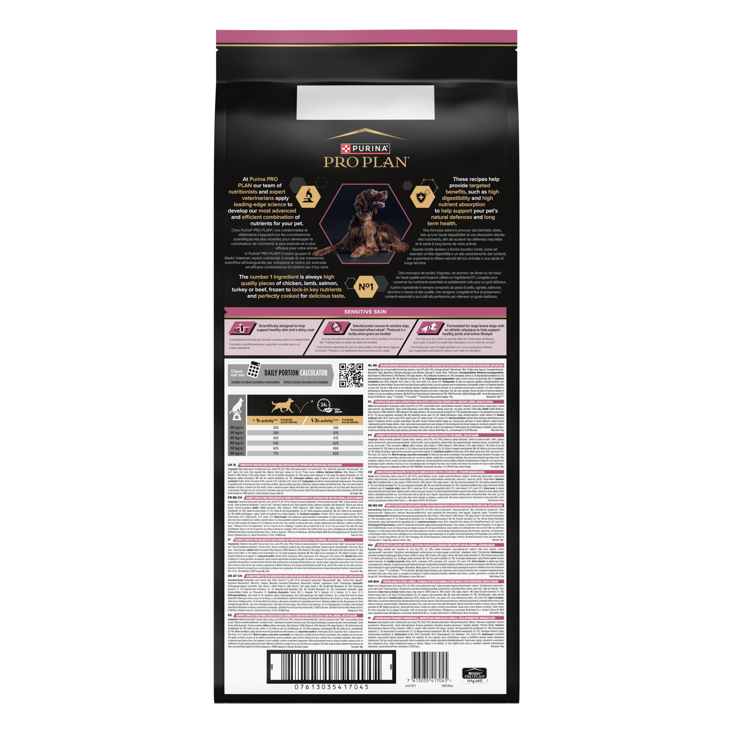 Sac de nourriture pour chiens. Dos avec texte et informations. Accent rose. Contient du saumon.