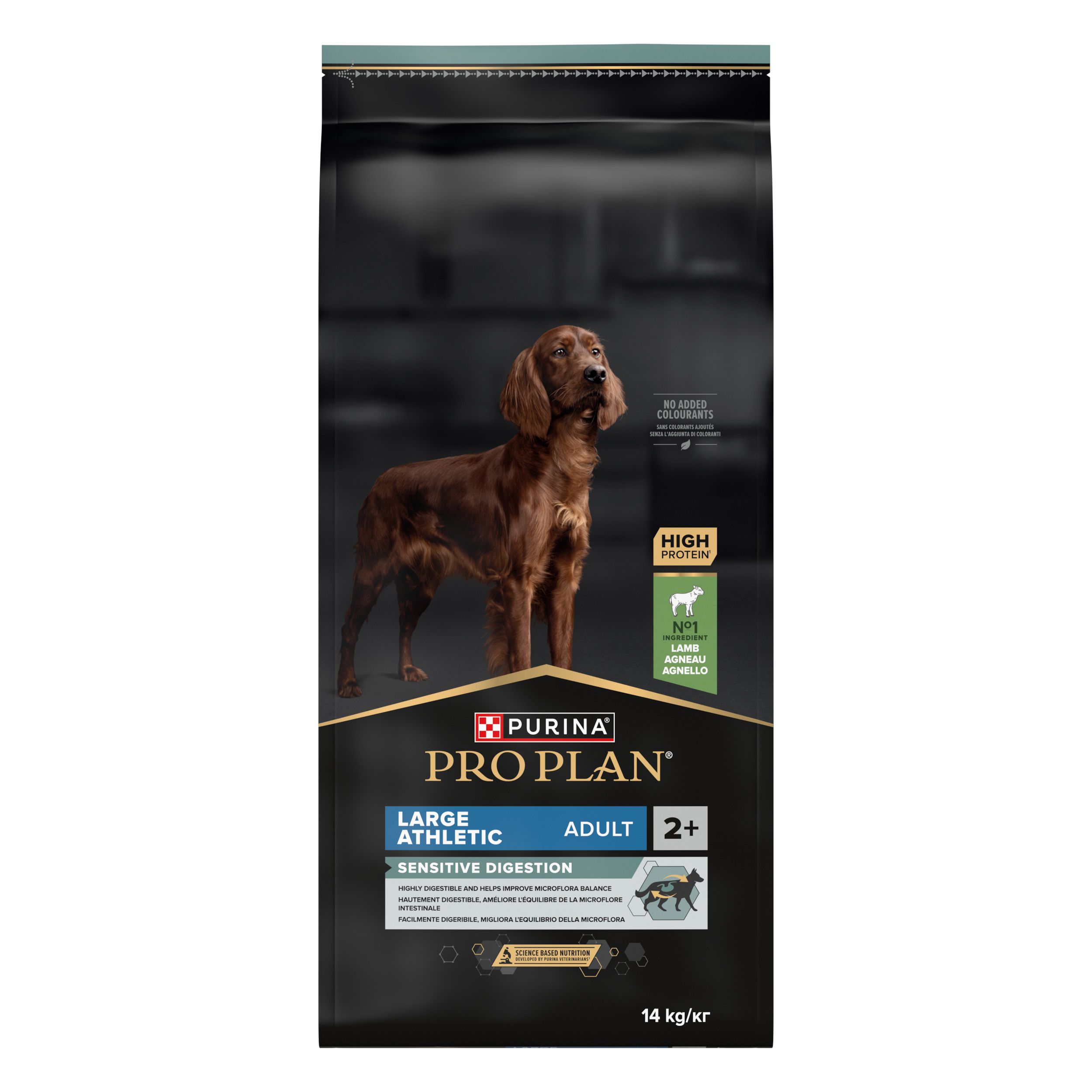 Sac noir avec chien. Inscription : Purina Pro Plan, Large Athletic Adult 2+ Sensitive Digestion.