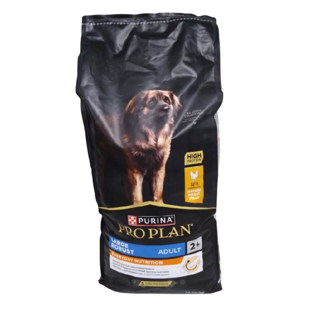 Schwarzer Beutel mit Hund auf der Vorderseite. Aufschrift: Purina Pro Plan, Large Robust Adult 2+ Everyday Nutrition.