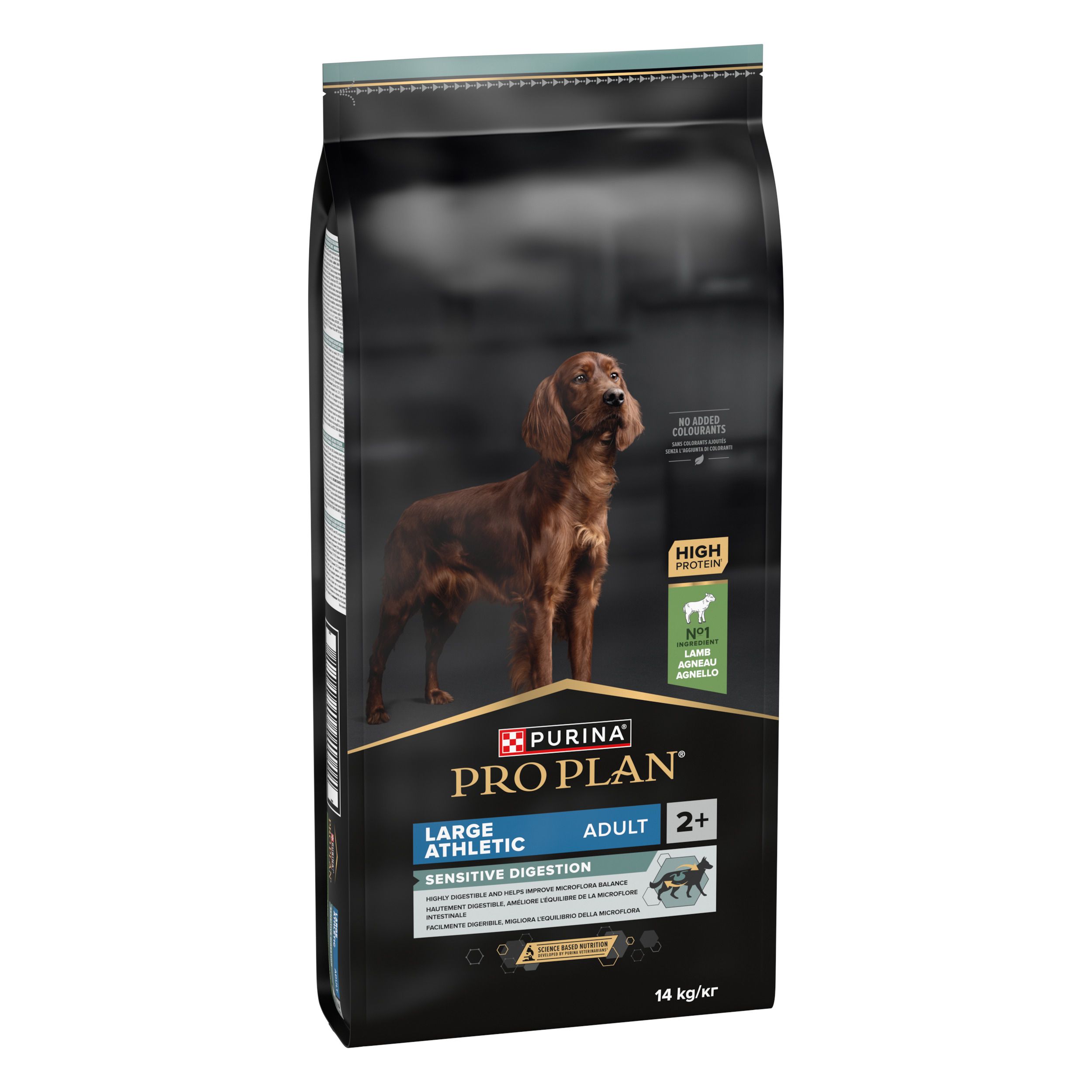 Sac noir avec chien. Inscription : Purina Pro Plan, Large Athletic Adult 2+ Sensitive Digestion.