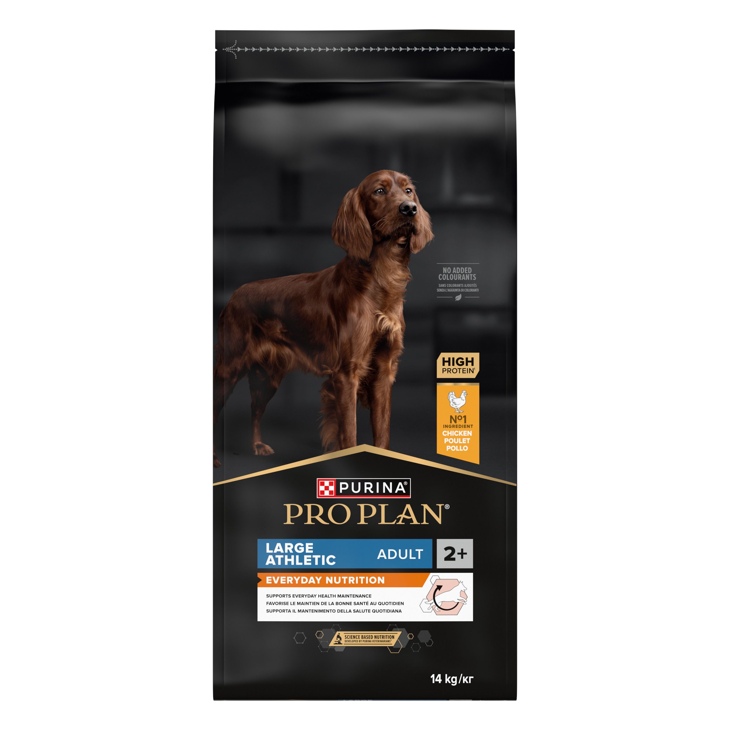 Purina Pro Plan, alimentation pour chiens, Large Athletic Adult, Poulet. Emballage noir avec chien. Texte: High Protein, Adult 2+ et 14 kg/kr.