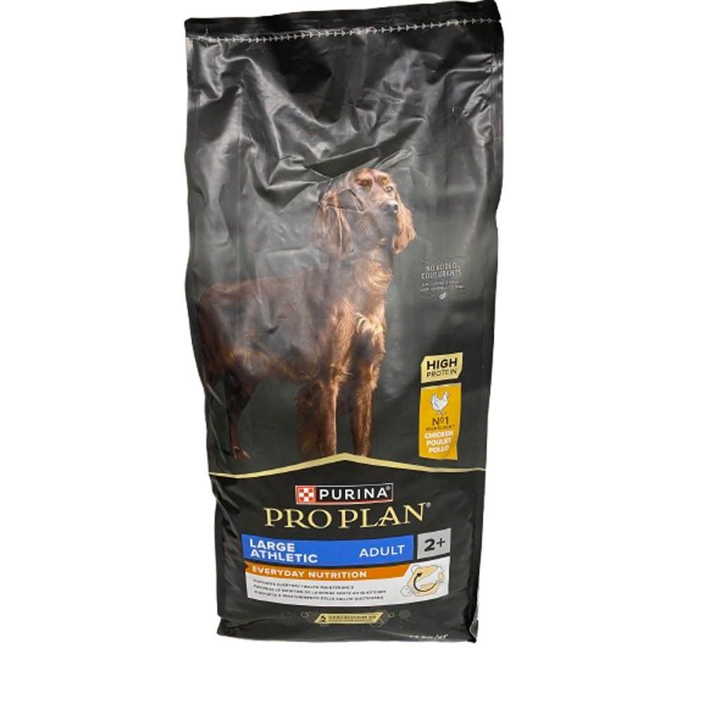 Purina Pro Plan, alimentation pour chiens, Large Athletic Adult, Poulet. Emballage noir avec chien imprimé. Texte: High Protein, Adult 2+.