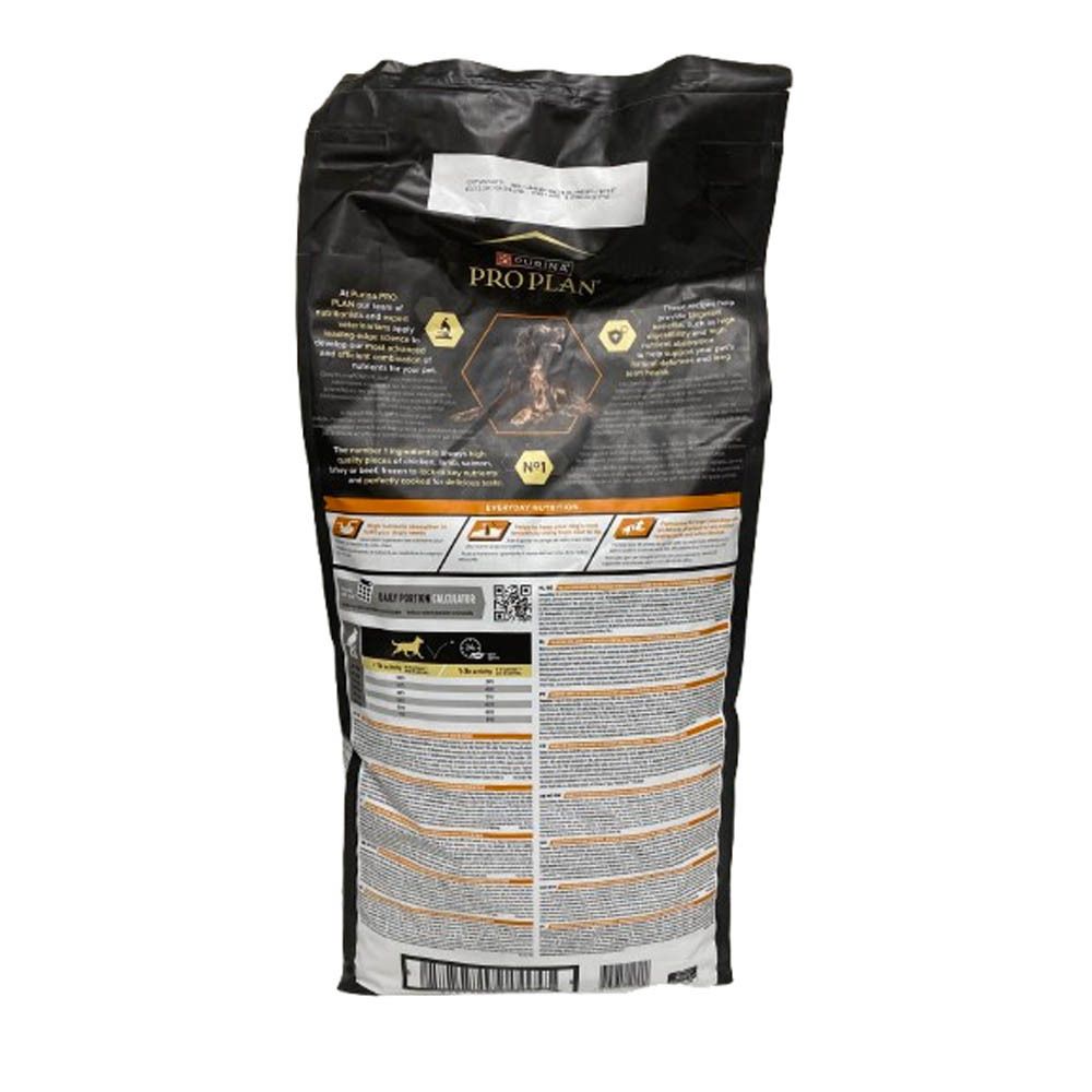 Dos de l'emballage de nourriture pour chiens Purina Pro Plan. Texte et informations sur les ingrédients et la valeur nutritionnelle. Code QR.