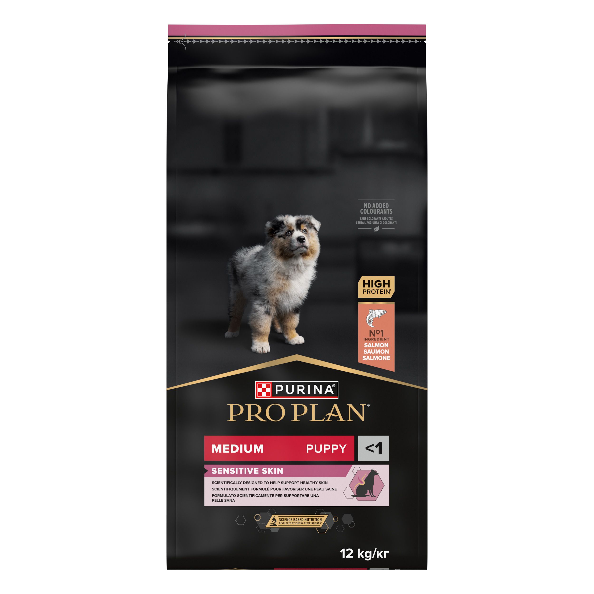 Purina Pro Plan Puppy Medium Sensitive Skin. Sac noir avec chiot. Contient du saumon. 12 kg.