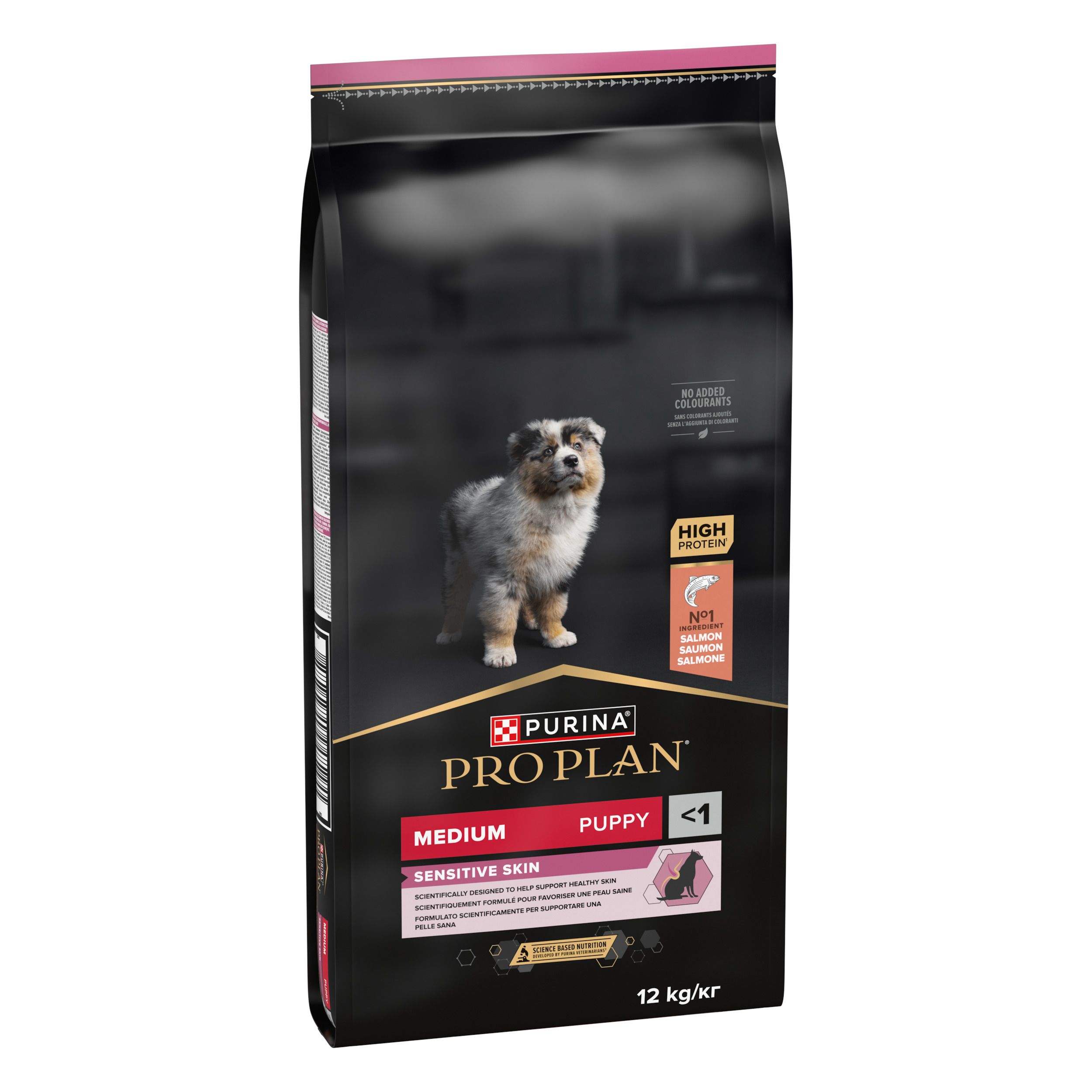 Purina Pro Plan Puppy Medium Sensitive Skin. Sac noir avec chiot. Contient du saumon. 12 kg.