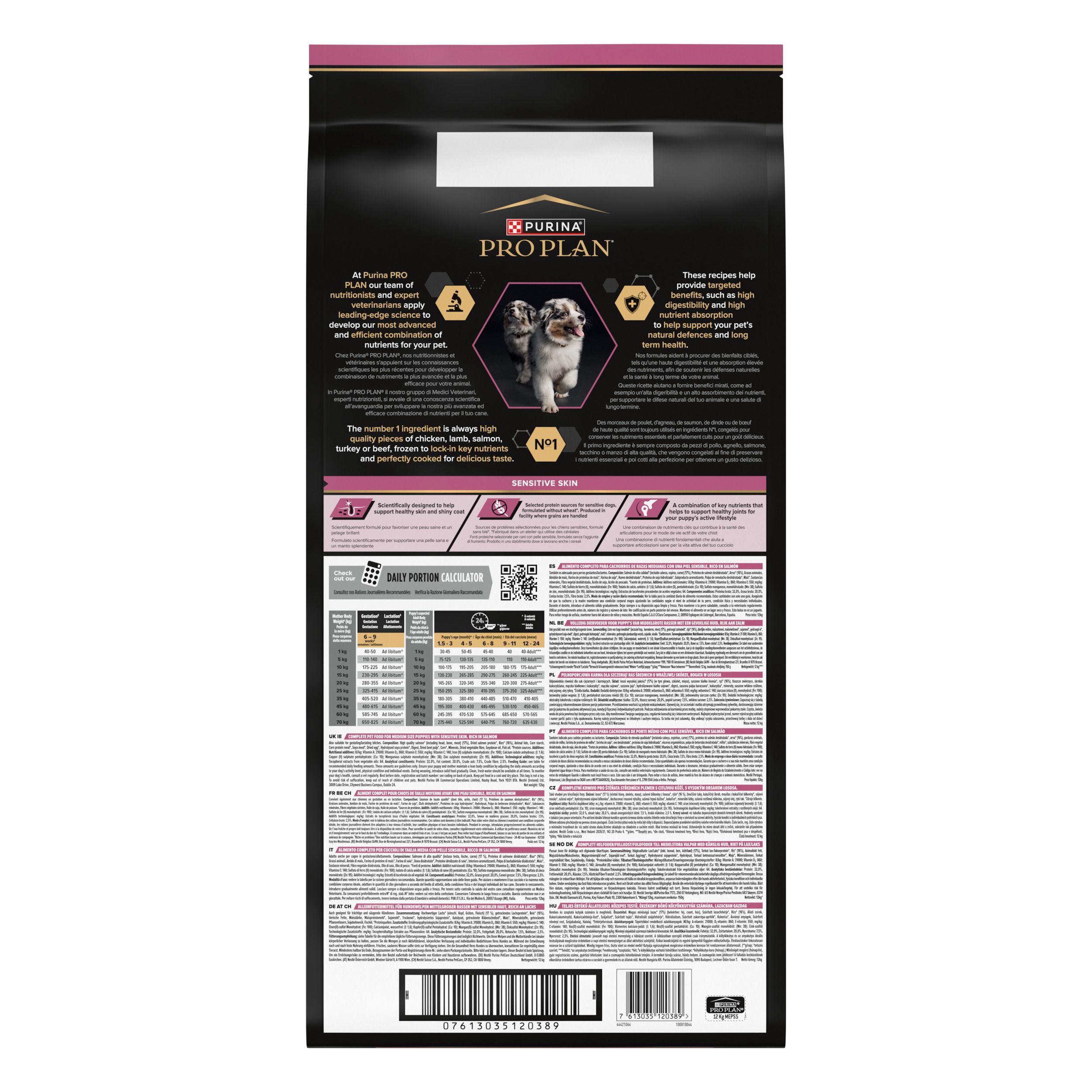 Dos du sac Purina Pro Plan Puppy Medium Sensitive Skin. Texte et informations nutritionnelles.