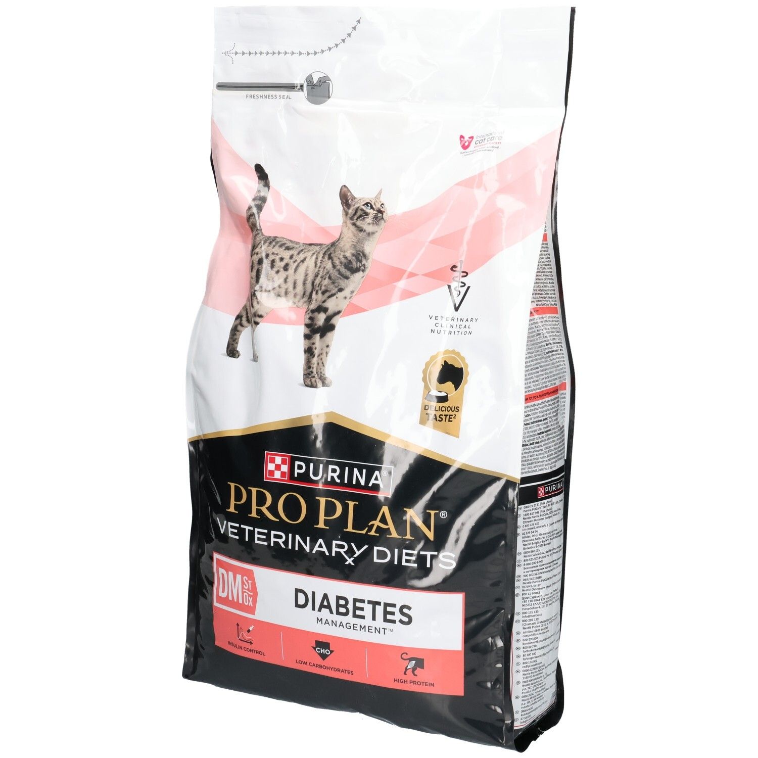 Beutel mit Trockenfutter für Katzen. Aufdruck: PRO PLAN Veterinary Diets DM Diabetes Management. Abbildung einer Katze.