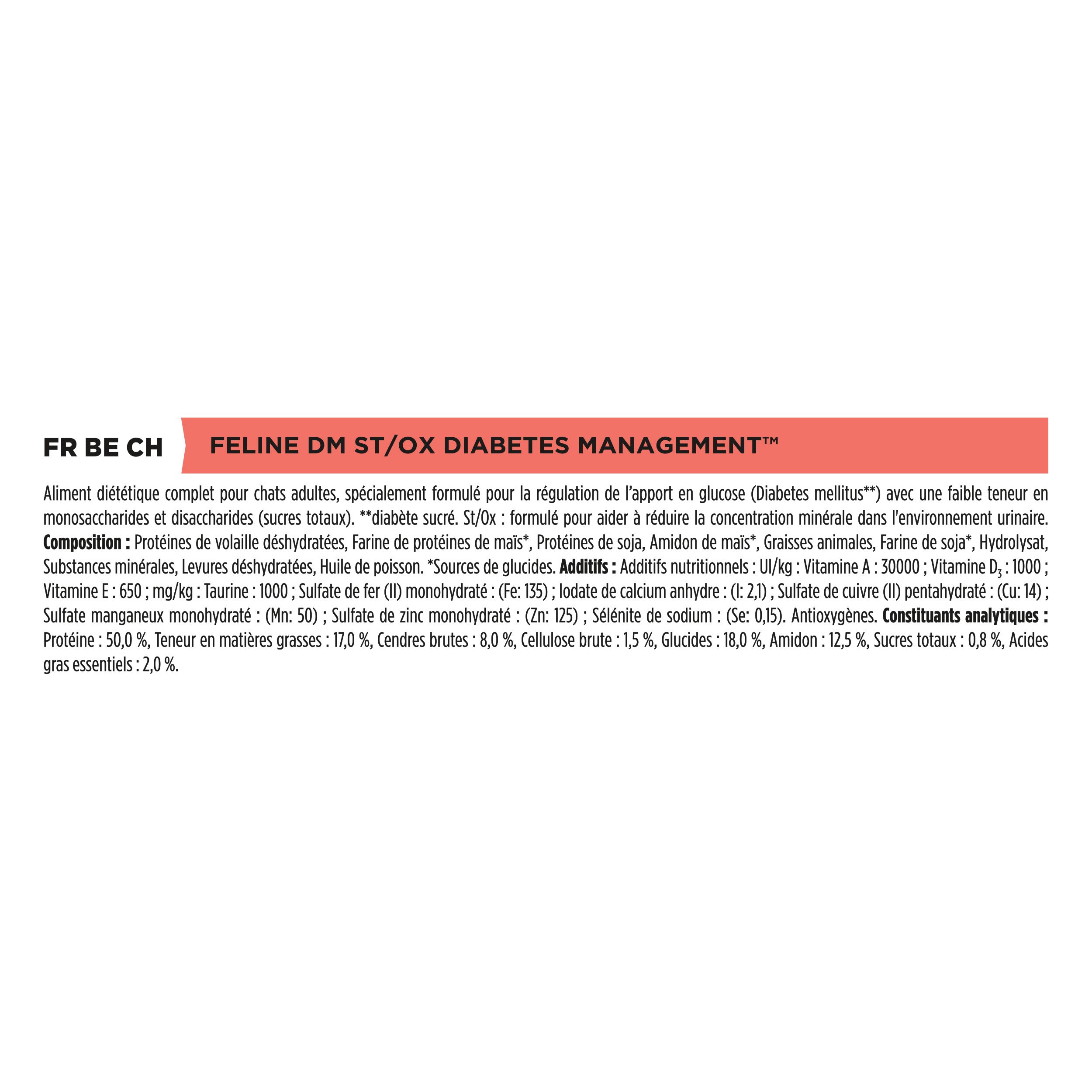 Informations textuelles sur l'aliment pour chats Feline DM ST/OX DIABETES MANAGEMENT. Composition et analyse.