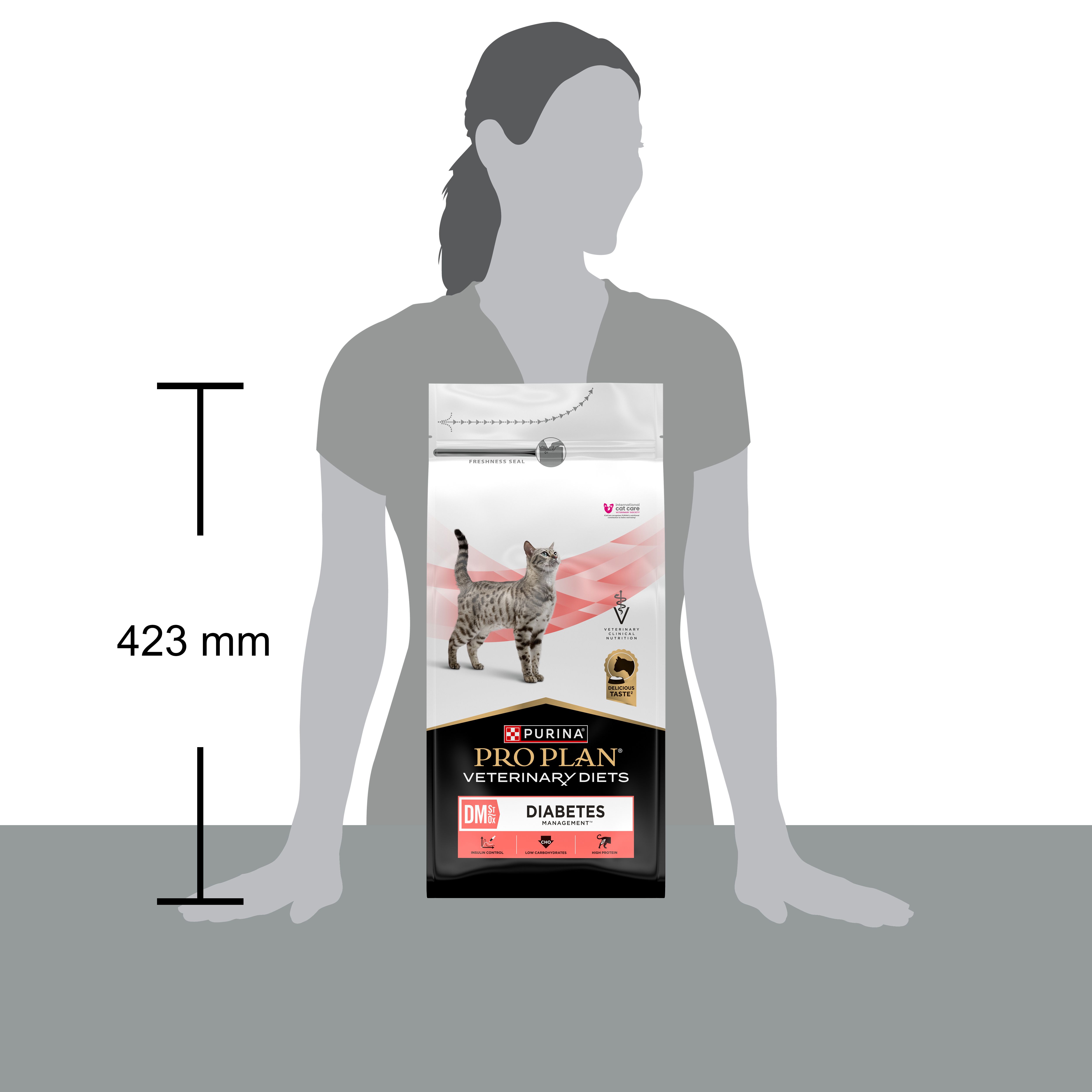 Purina Pro Plan Veterinary Diets Feline DM Diabetes Management Trockenfutter-Sack mit Katze.