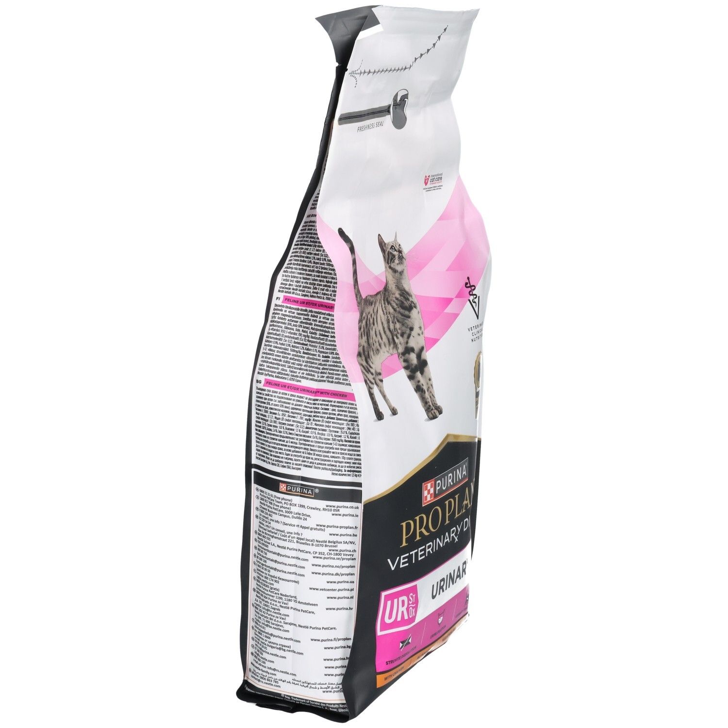 Seitenansicht des Katzenfutterbeutels. Marke: Purina Pro Plan Veterinary Diets. Aufdruck: UR Urinary.