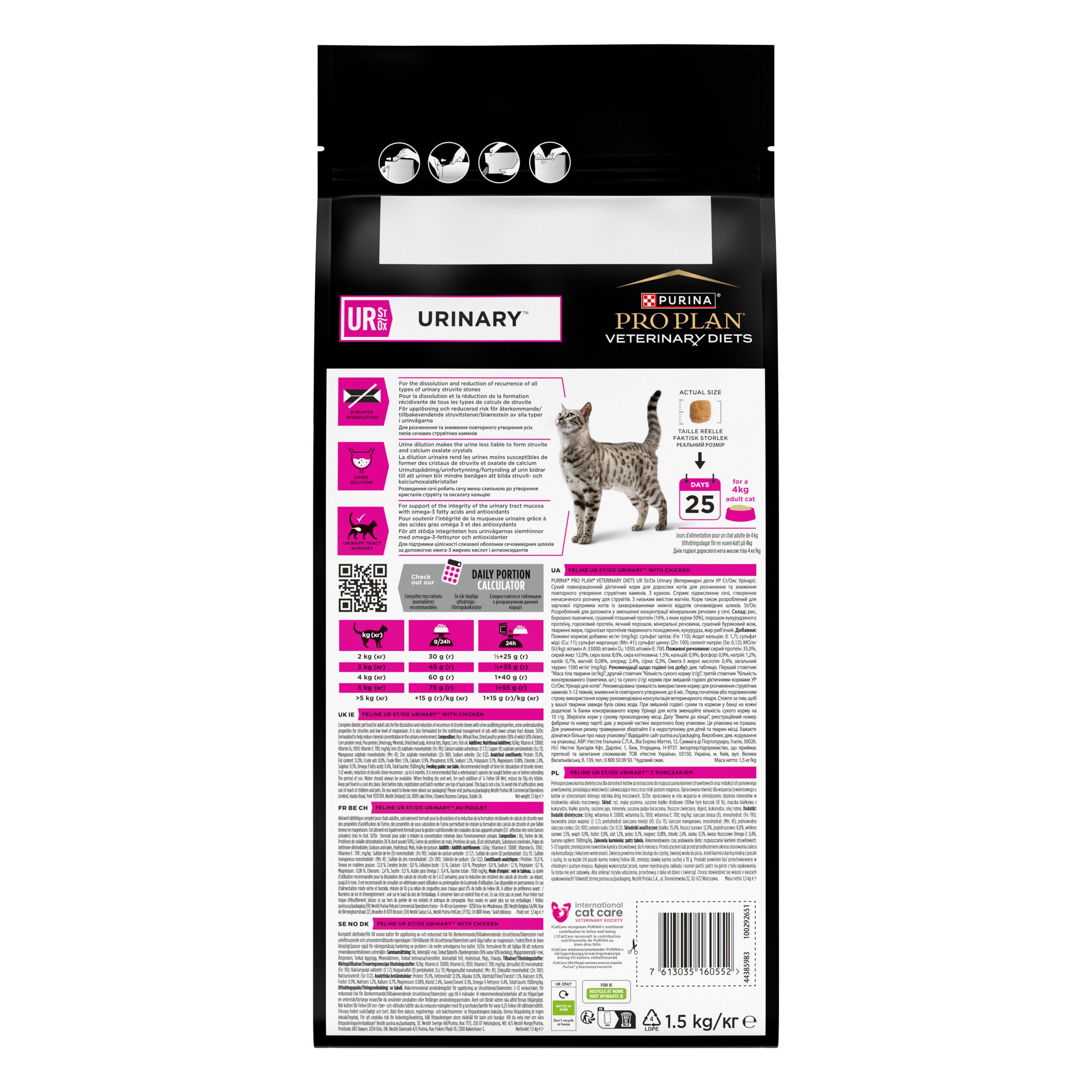 Dos du sac de nourriture pour chats. Marque : Purina Pro Plan Veterinary Diets. Inscription : UR Urinary. Texte et graphiques.