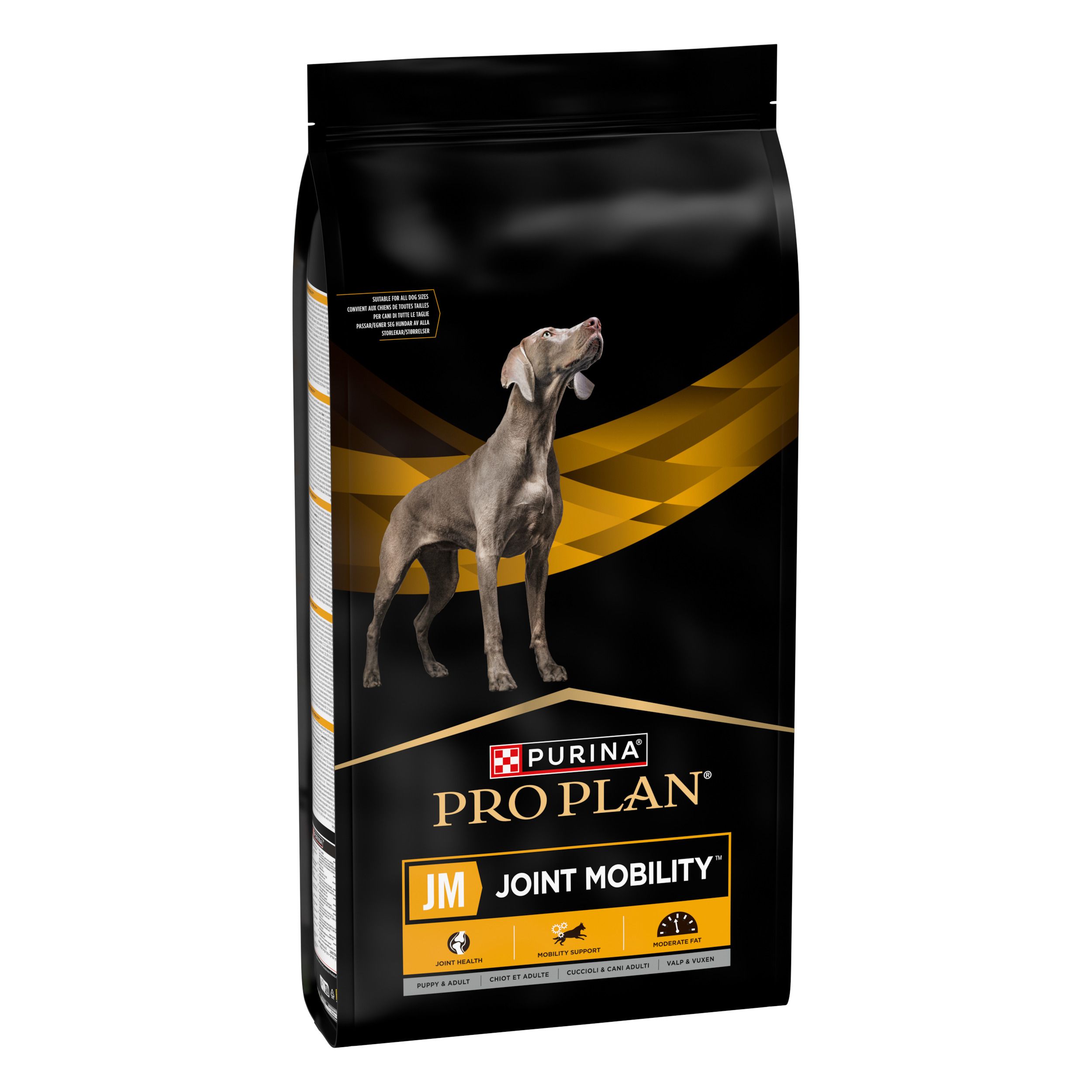 Sac noir de nourriture pour chiens. Inscription : PURINA PRO PLAN JM JOINT MOBILITY. Chien sur fond jaune.