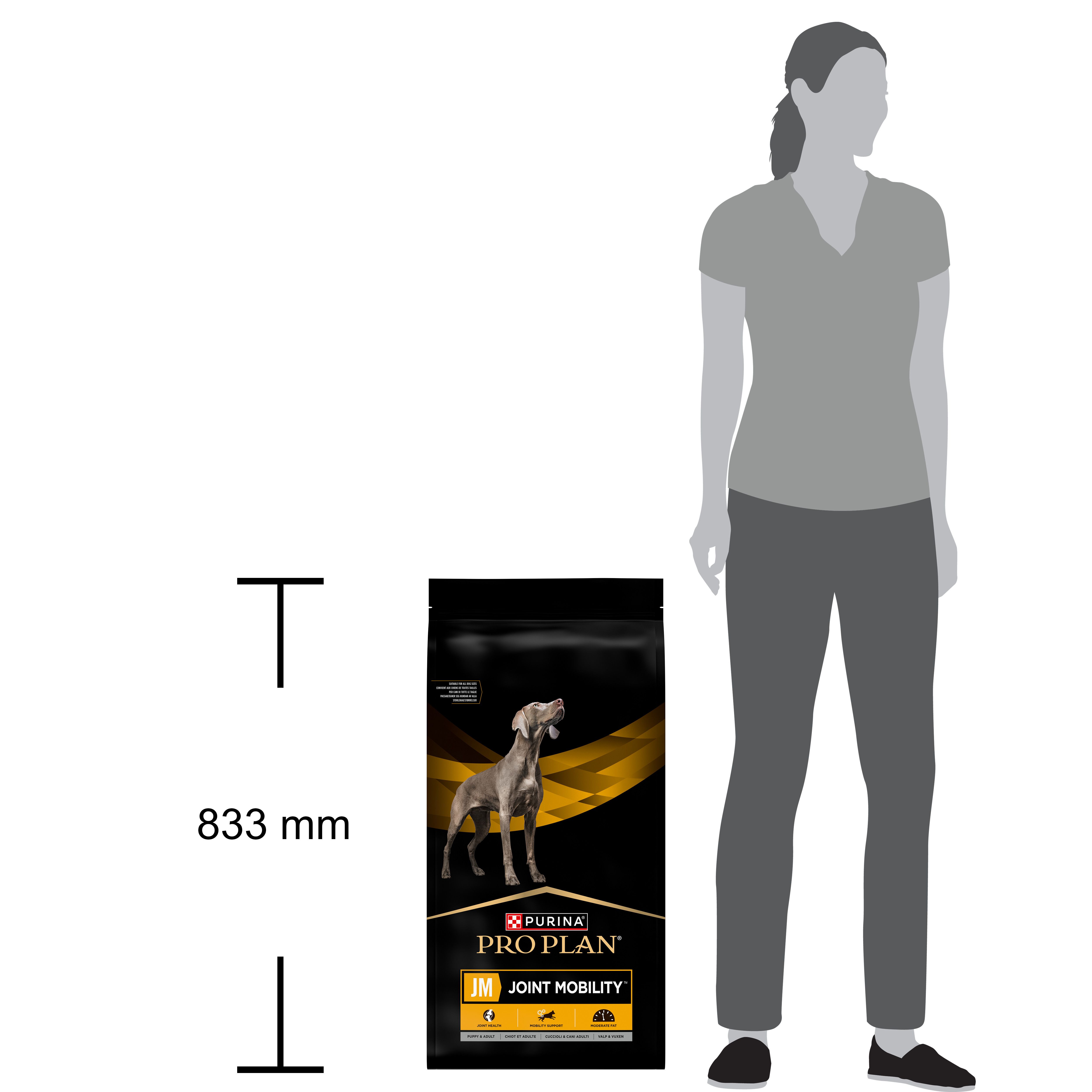 Comparaison du sac de nourriture pour chiens avec une personne. Inscription : PURINA PRO PLAN JM JOINT MOBILITY. Hauteur : 833 mm.