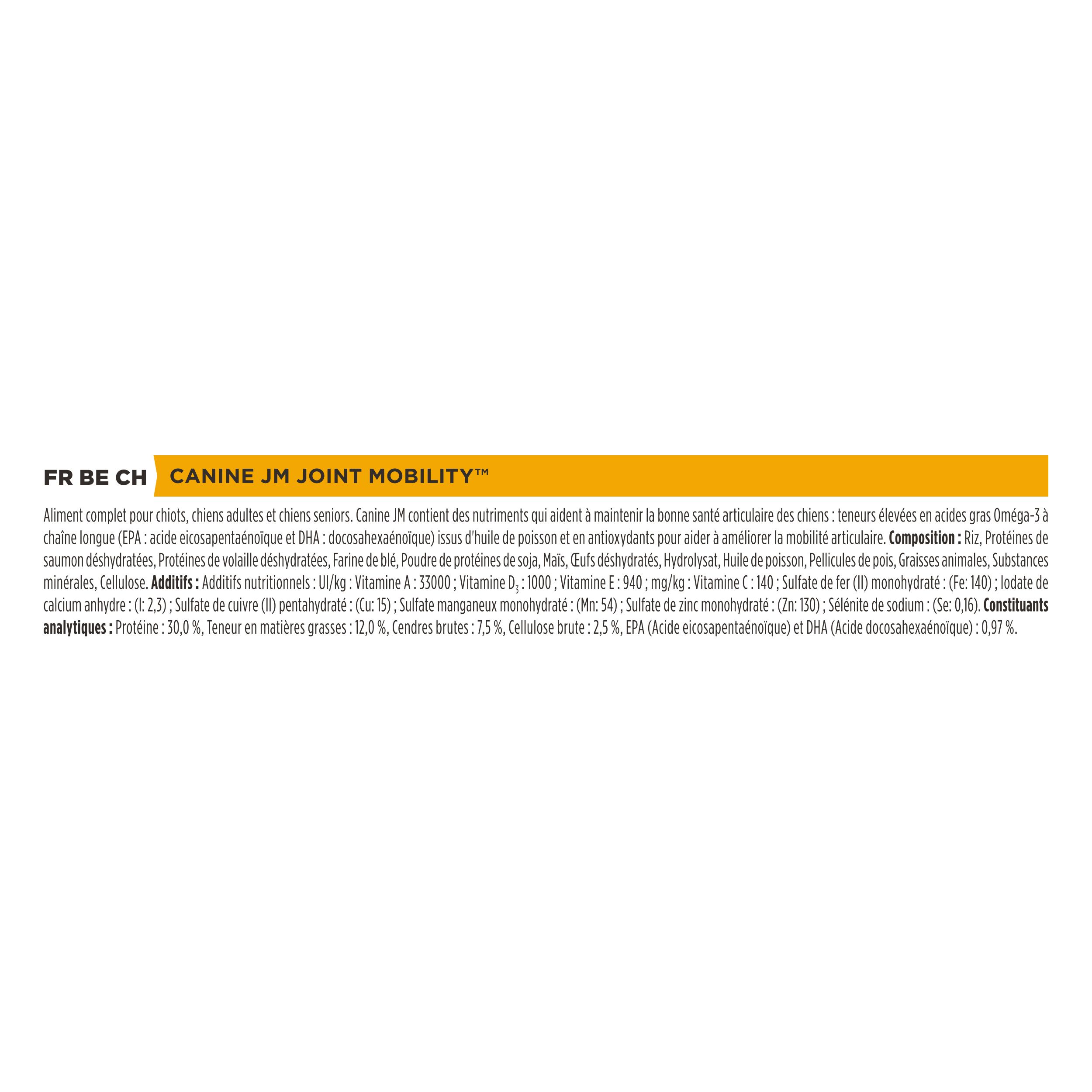 Composition de la nourriture pour chiens. Contient des informations sur les ingrédients et les constituants analytiques. Inscription : CANINE JM JOINT MOBILITY.