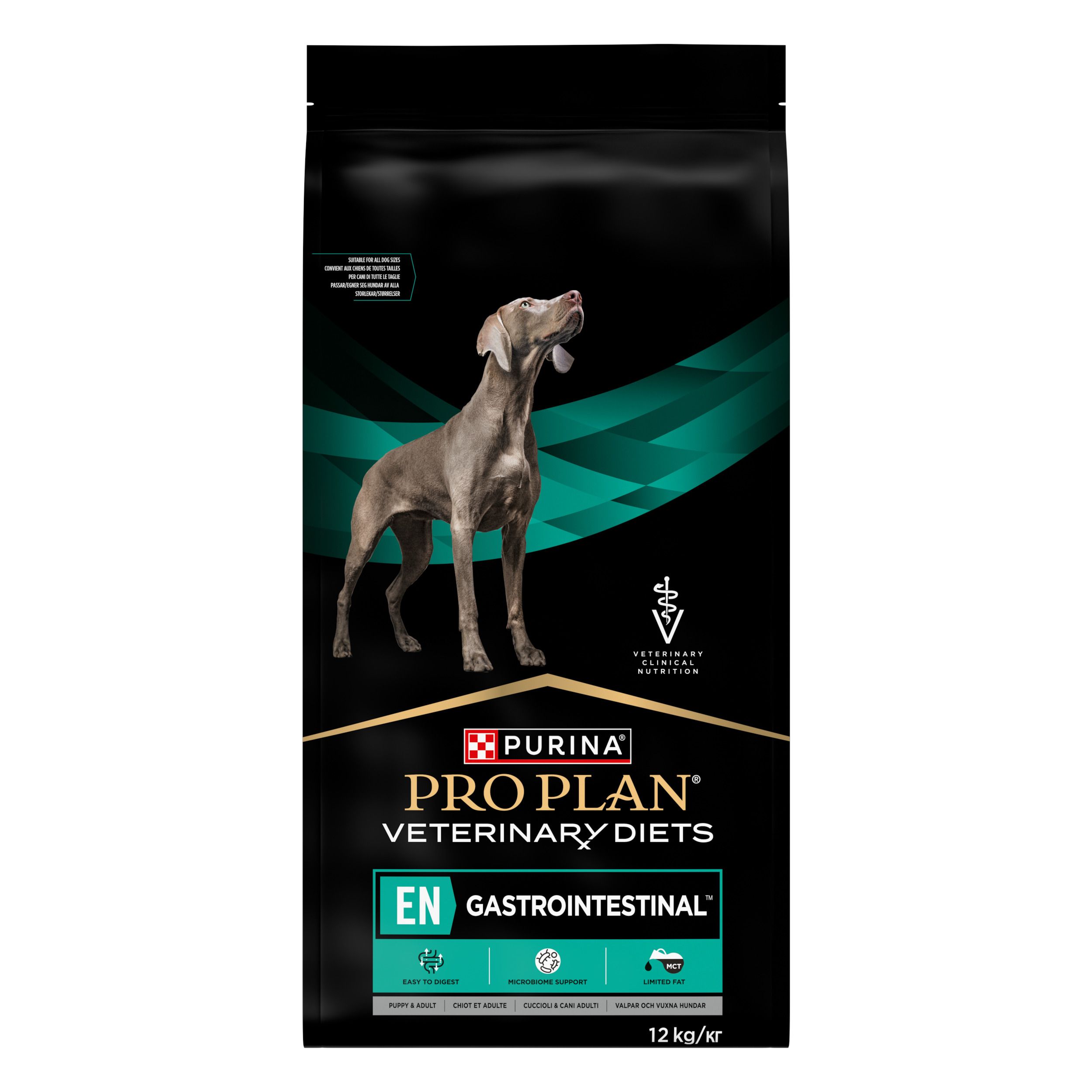 Sac noir avec chien et logo du produit. Contient PRO PLAN VETERINARY DIETS EN GASTROINTESTINAL. 12 kg.