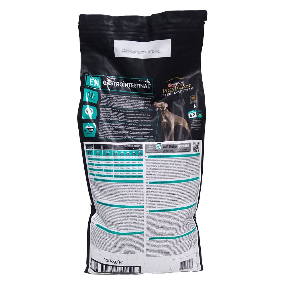 Rückseite des schwarzen Beutels. Enthält Informationen zu PRO PLAN VETERINARY DIETS EN GASTROINTESTINAL. 12 kg.