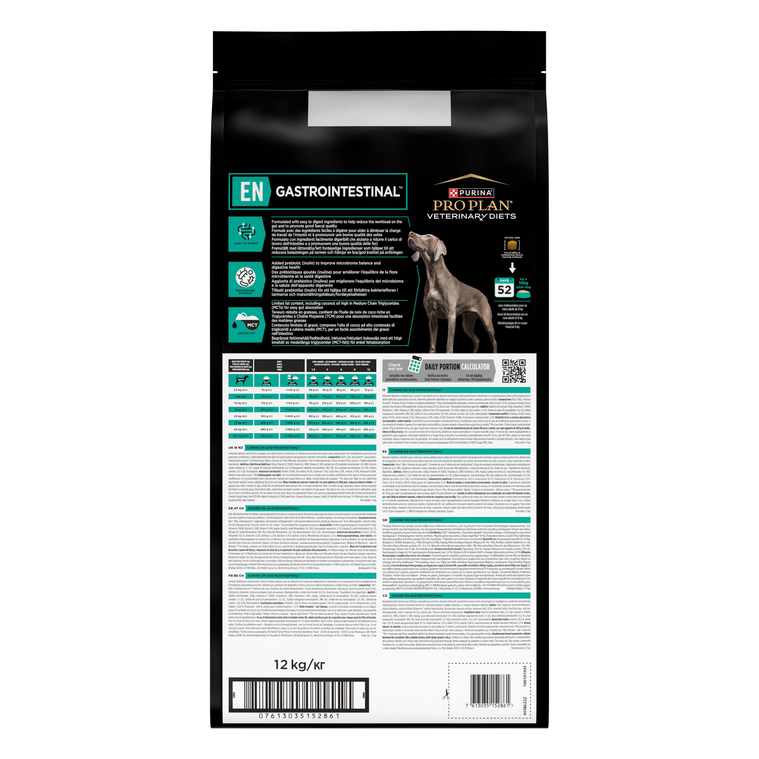 Sac noir avec chien et logo du produit. Contient PRO PLAN VETERINARY DIETS EN GASTROINTESTINAL. 12 kg.