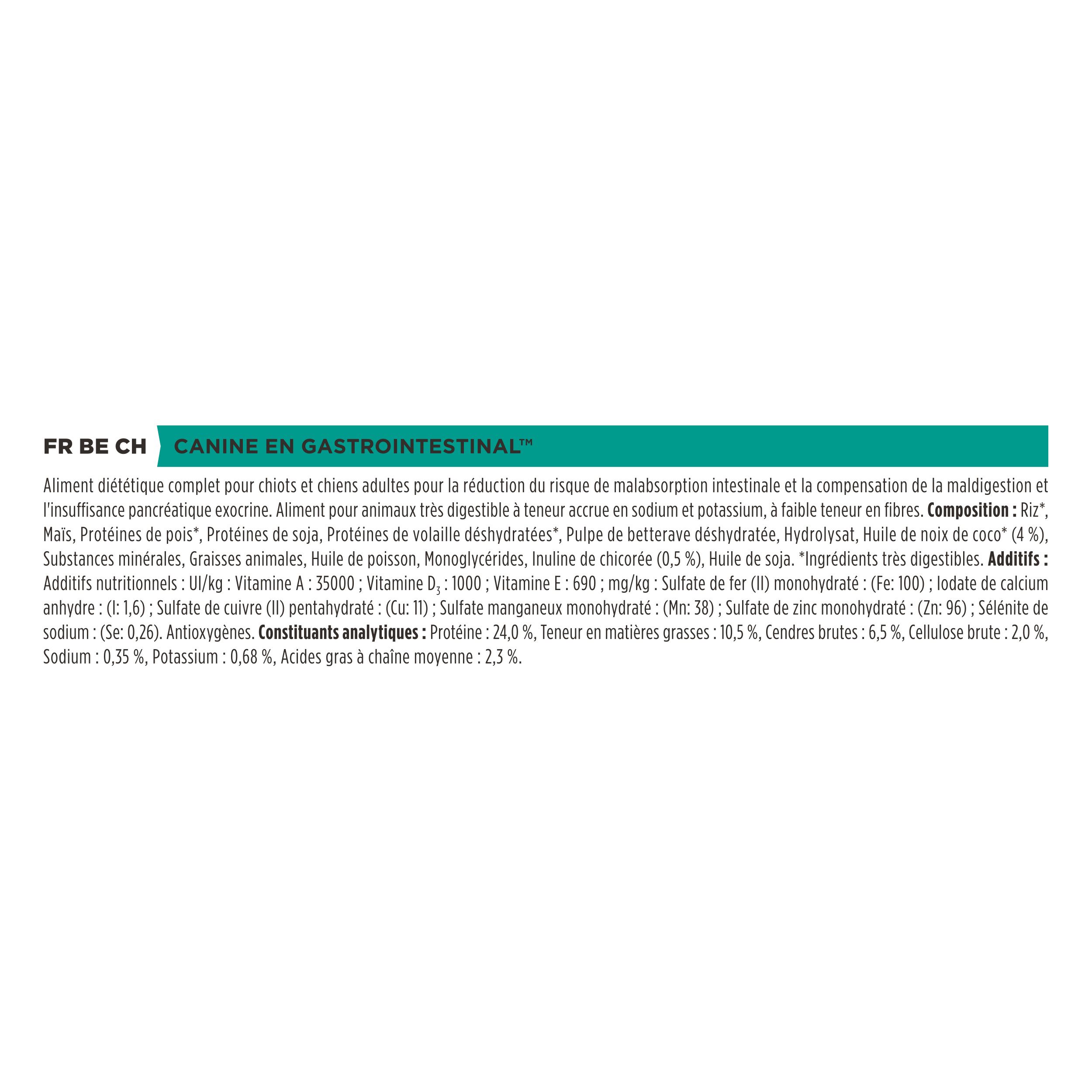 Image du produit à côté d'une femme, avec une indication de taille de 833 mm. PRO PLAN VETERINARY DIETS EN GASTROINTESTINAL.