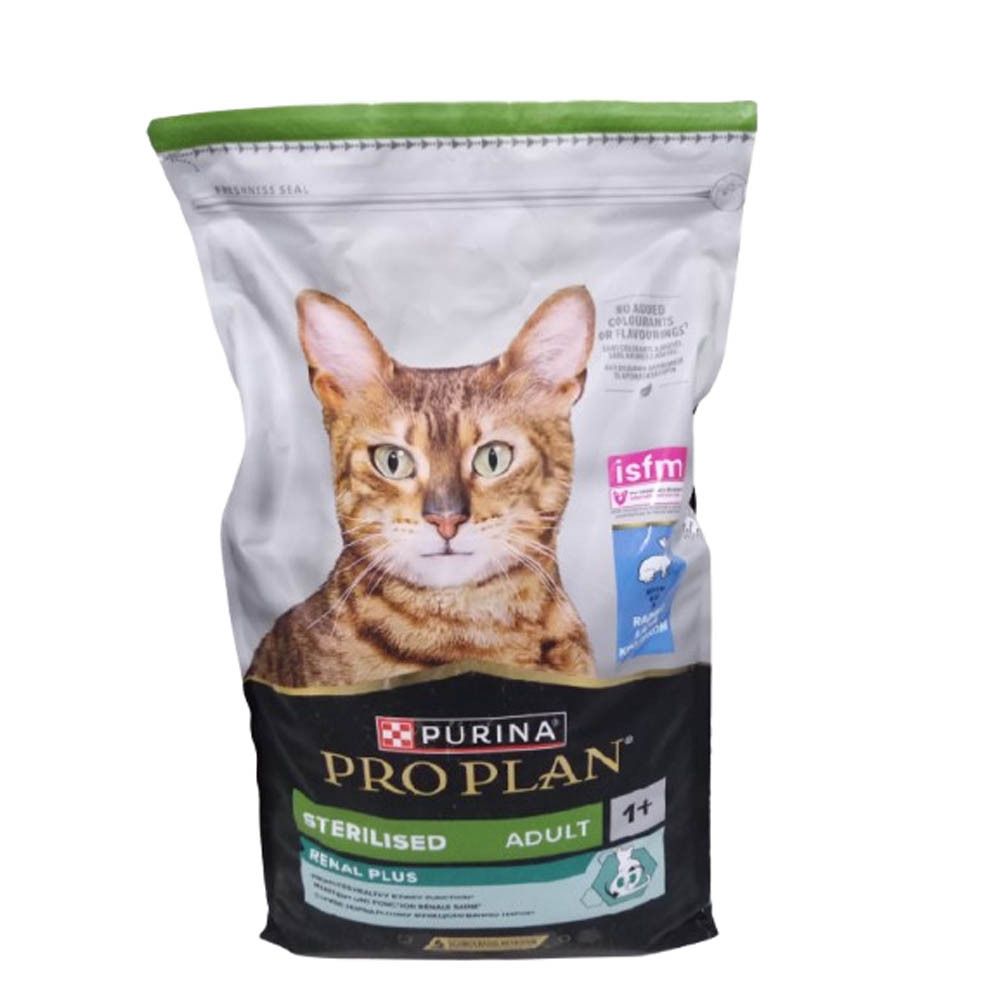 Purina Pro Plan Trockenfutterbeutel für sterilisierte Katzen. Vorderseite mit Katzenfoto, Produktnamen und Logo.