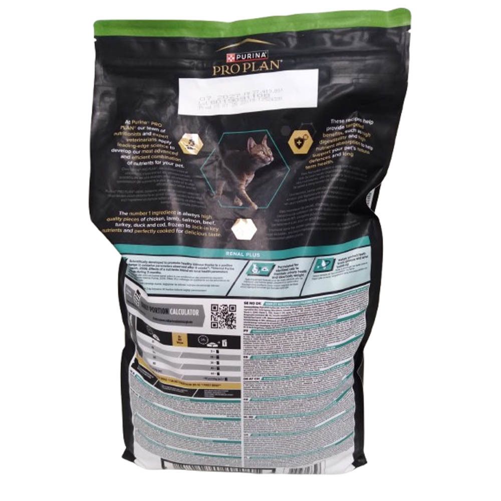 Dos du sac de nourriture pour chats Purina Pro Plan. Informations textuelles, graphiques et logo chat. Design vert et noir.