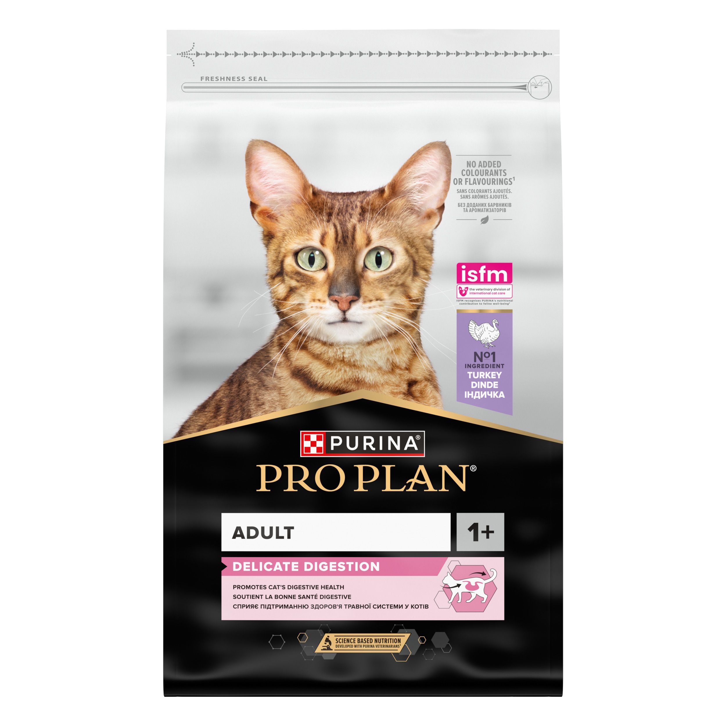 Sac Purina Pro Plan Adult Delicate Digestion. Chat sur l'emballage. Inscription: Adult, Delicate Digestion.