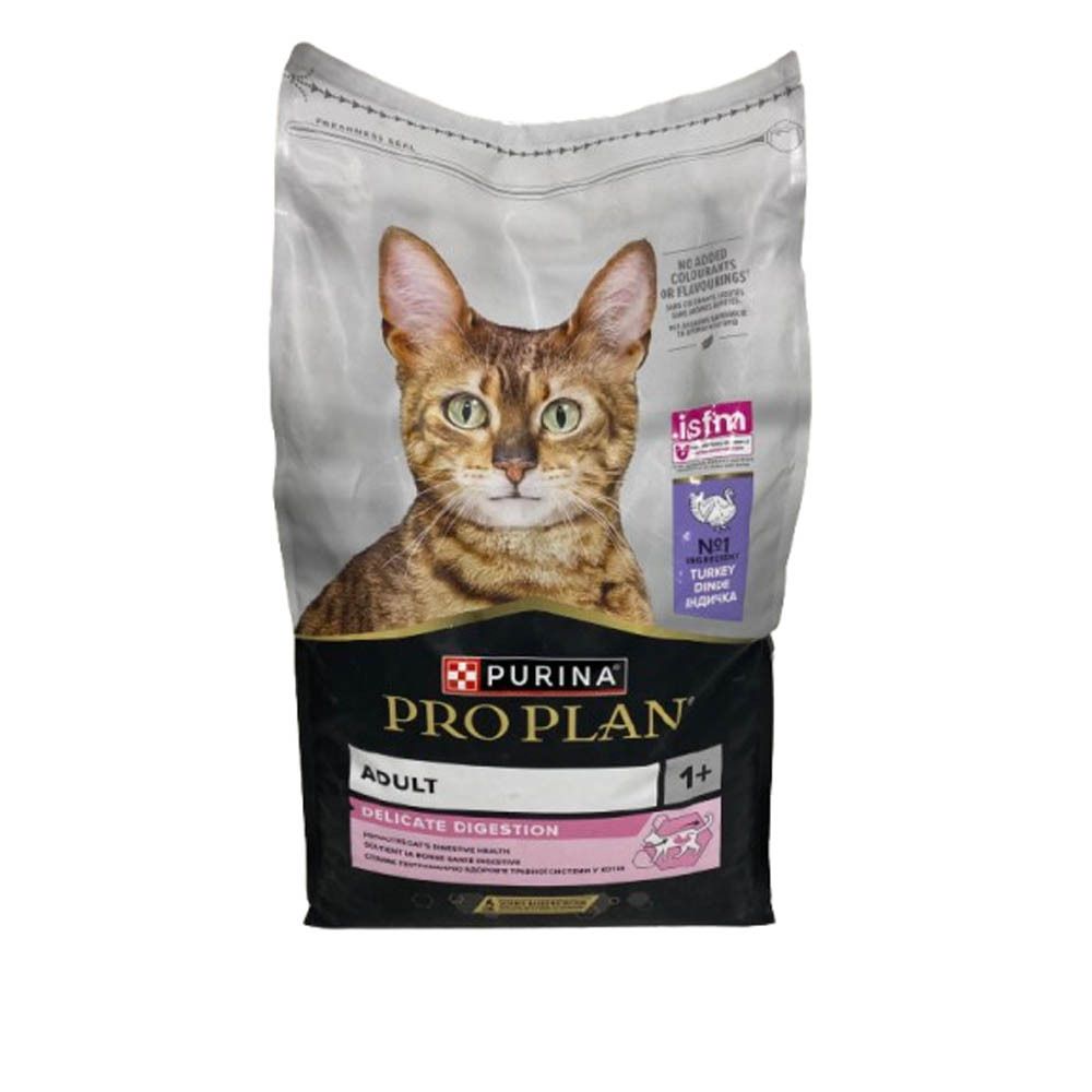 Sac Purina Pro Plan Adult Delicate Digestion. Chat sur l'emballage. Inscription: Adult, Delicate Digestion.