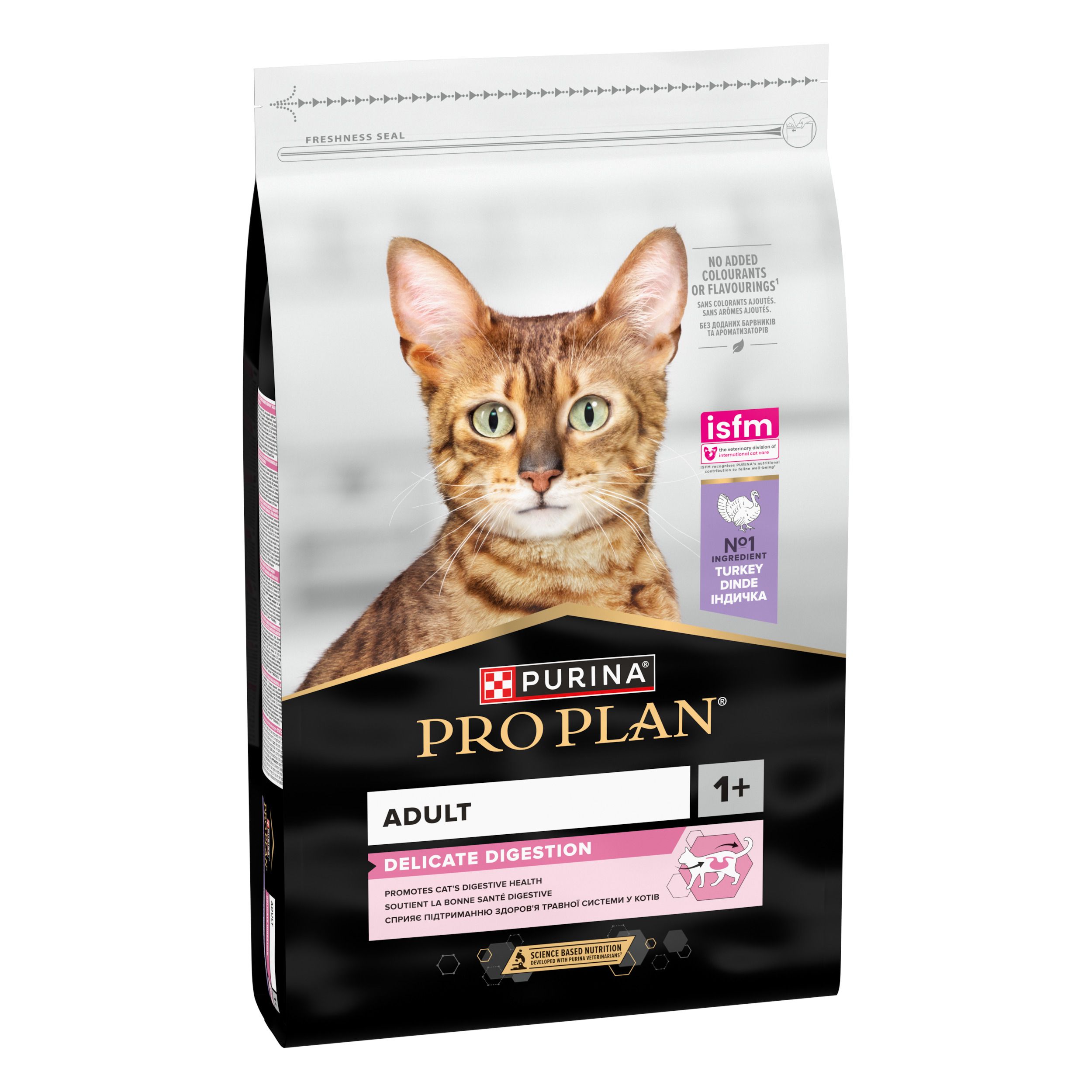 Sac Purina Pro Plan Adult Delicate Digestion. Chat sur l'emballage. Inscription: Adult, Delicate Digestion.
