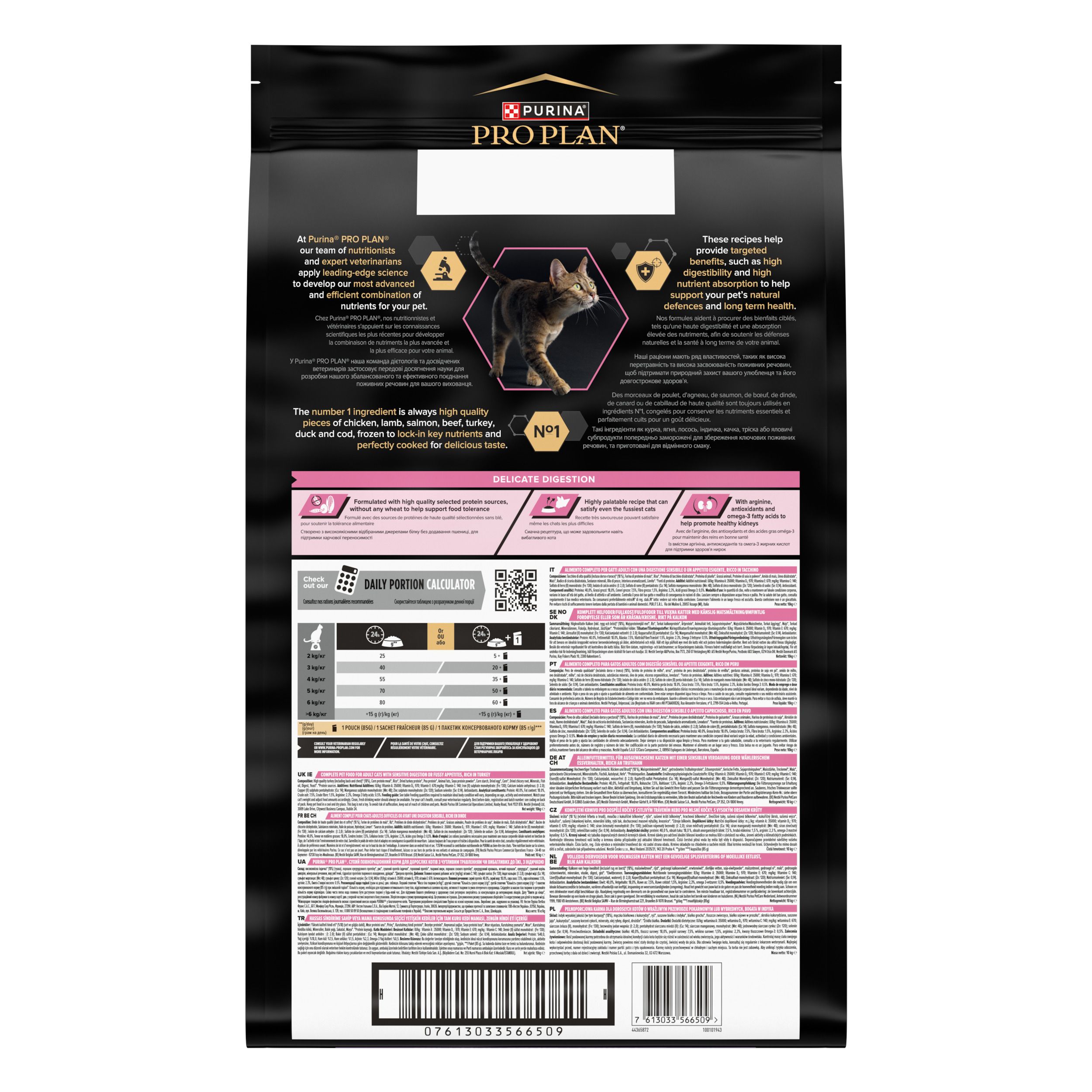 Dos du sac Purina Pro Plan Adult Delicate Digestion. Texte et graphiques. Bande rose avec texte.