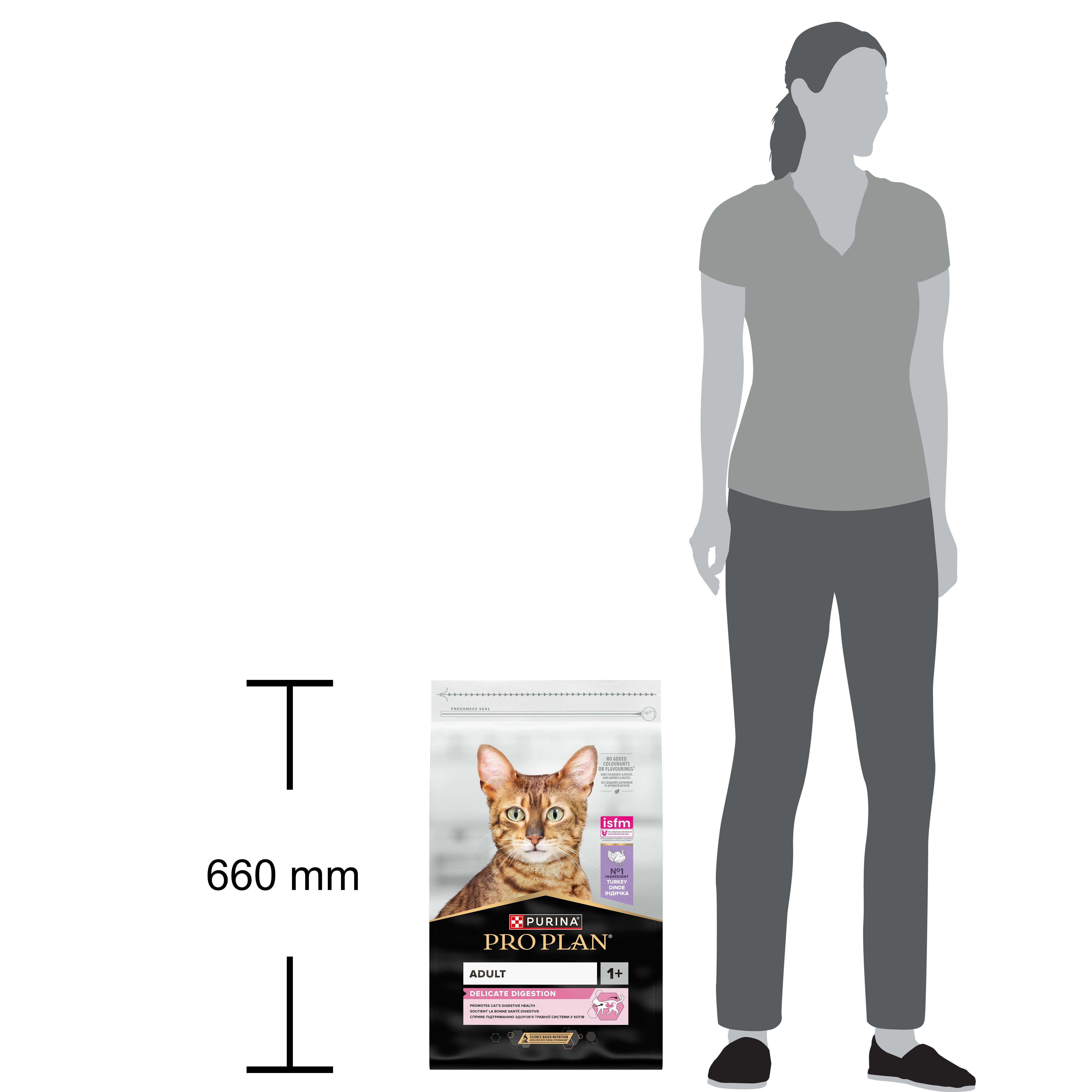 Sac Purina Pro Plan Adult Delicate Digestion. Chat sur l'emballage. Inscription: Adult, Delicate Digestion.