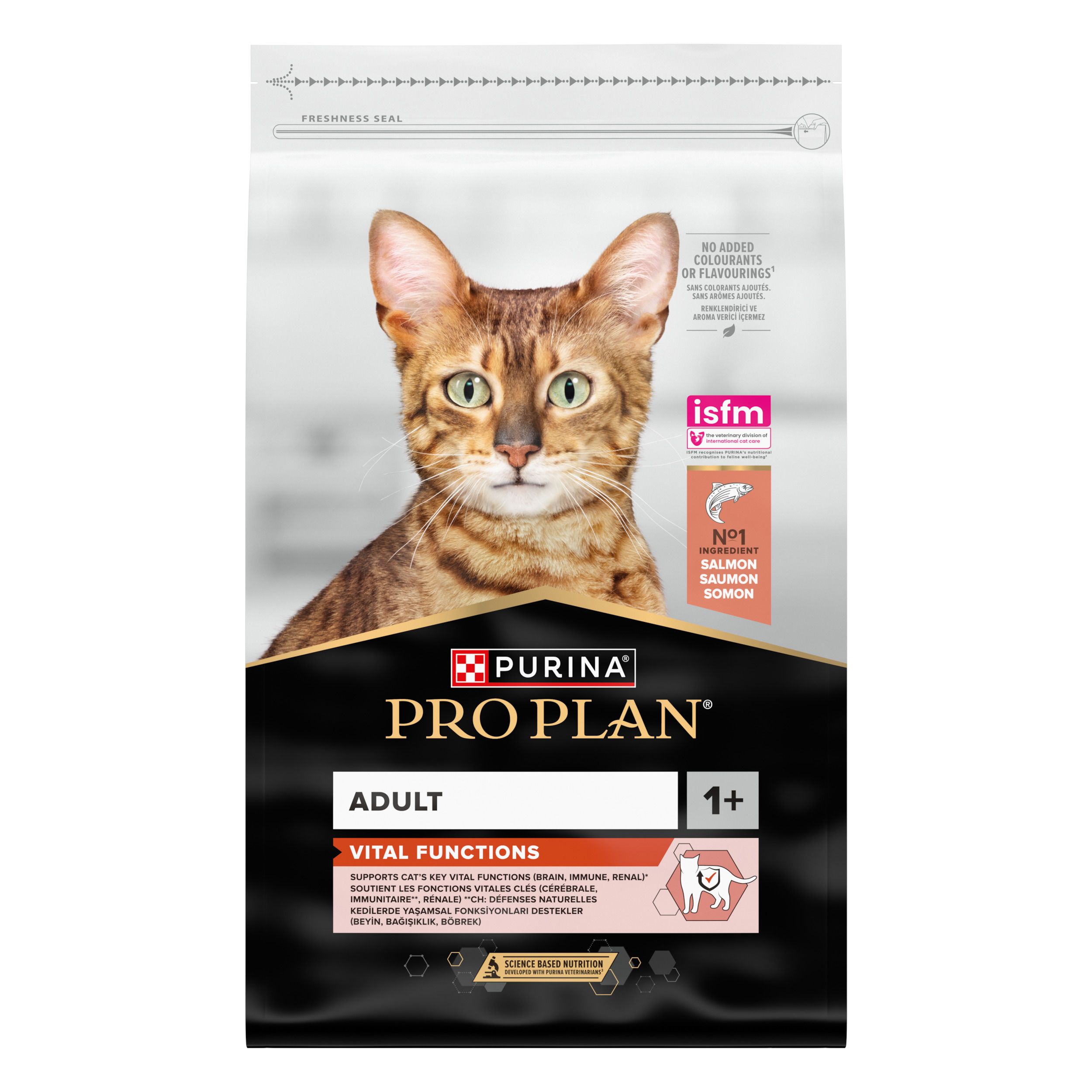 Purina Pro Plan Adult Vital Functions, chat, saumon et riz. Image d'un chat. Inscription : Adult, Vital Functions.