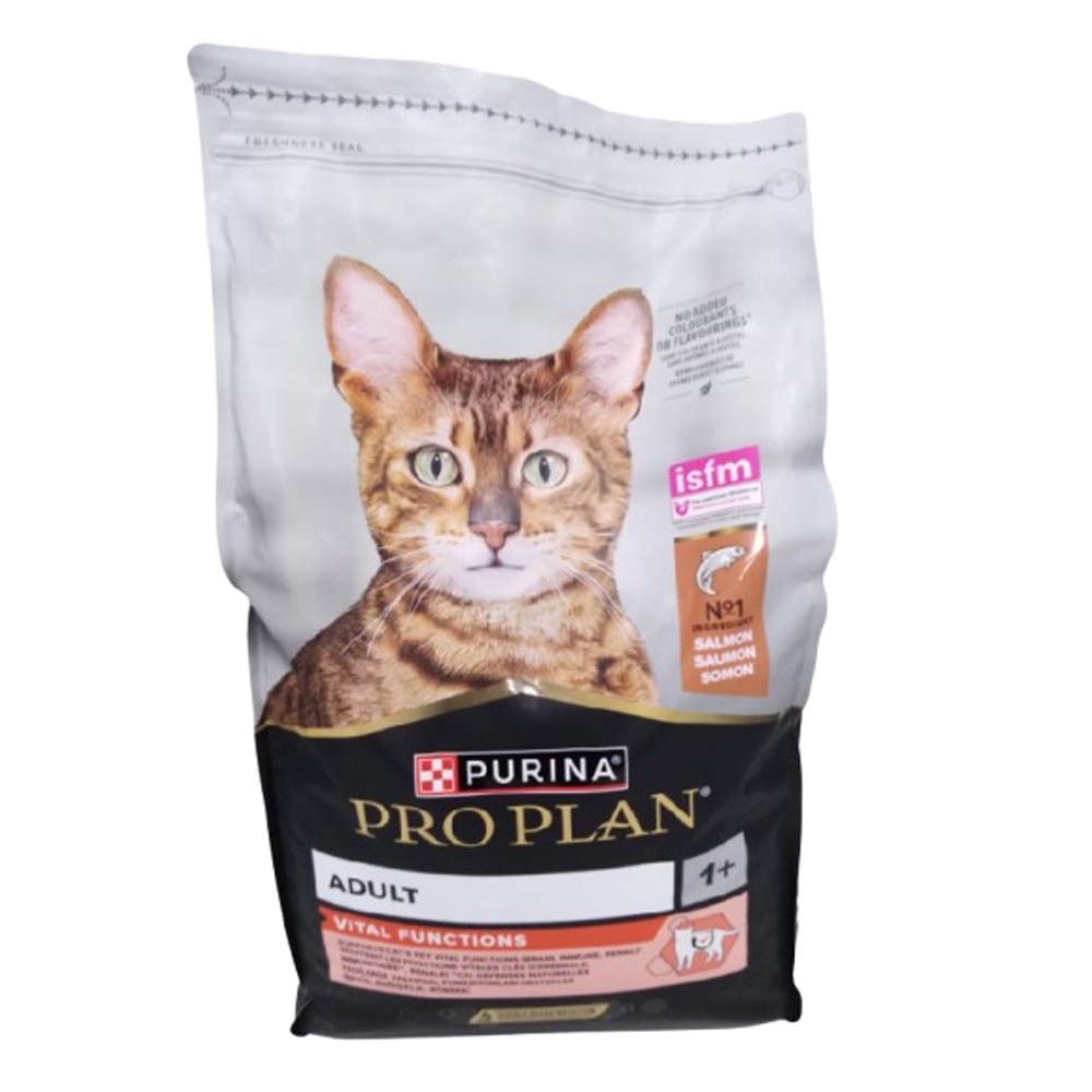 Beutel Purina Pro Plan Adult Vital Functions, Katze, Lachs & Reis. Abbildung einer Katze. Aufschrift: Adult, Vital Functions.