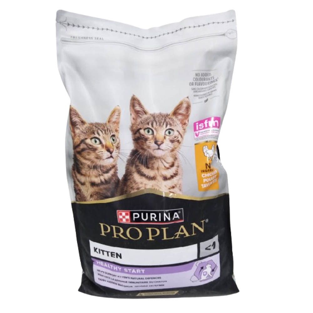 Beutel mit Katzenfutter. Zwei Kätzchen auf der Vorderseite. Marke: Purina Pro Plan Kitten Healthy Start. Mit Siegel.