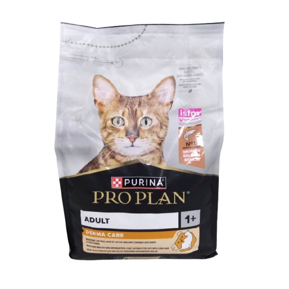 Pro Plan Adult Derma Care Katzenfutter. Beutel mit Katzenabbildung. Enthält Lachs. Mit ISFM-Zertifizierung.