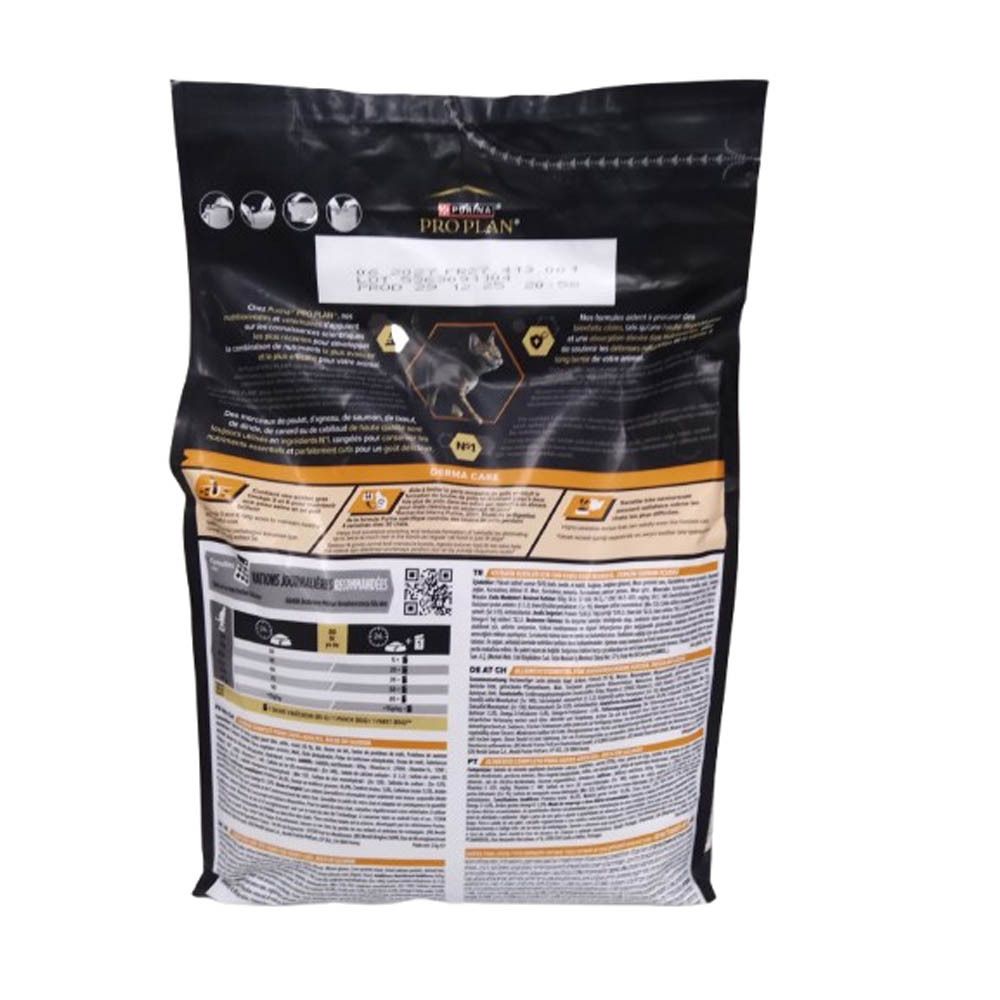 Rückseite der Pro Plan Katzenfutter-Verpackung. Enthält Informationen zu Inhaltsstoffen und Fütterungsempfehlungen.