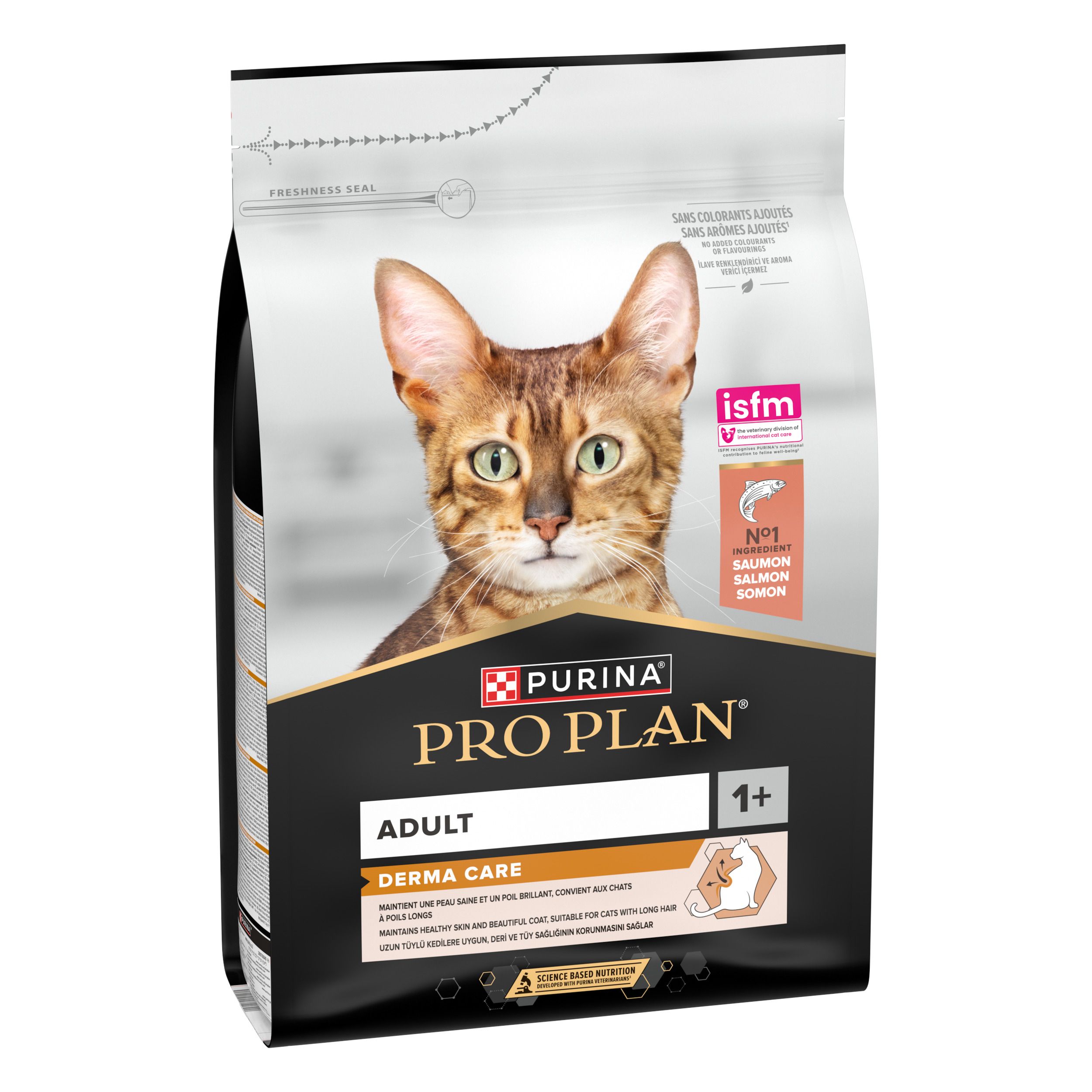 Pro Plan Adult Derma Care, nourriture pour chats. Sac avec image de chat. Contient du saumon. Certification ISFM.