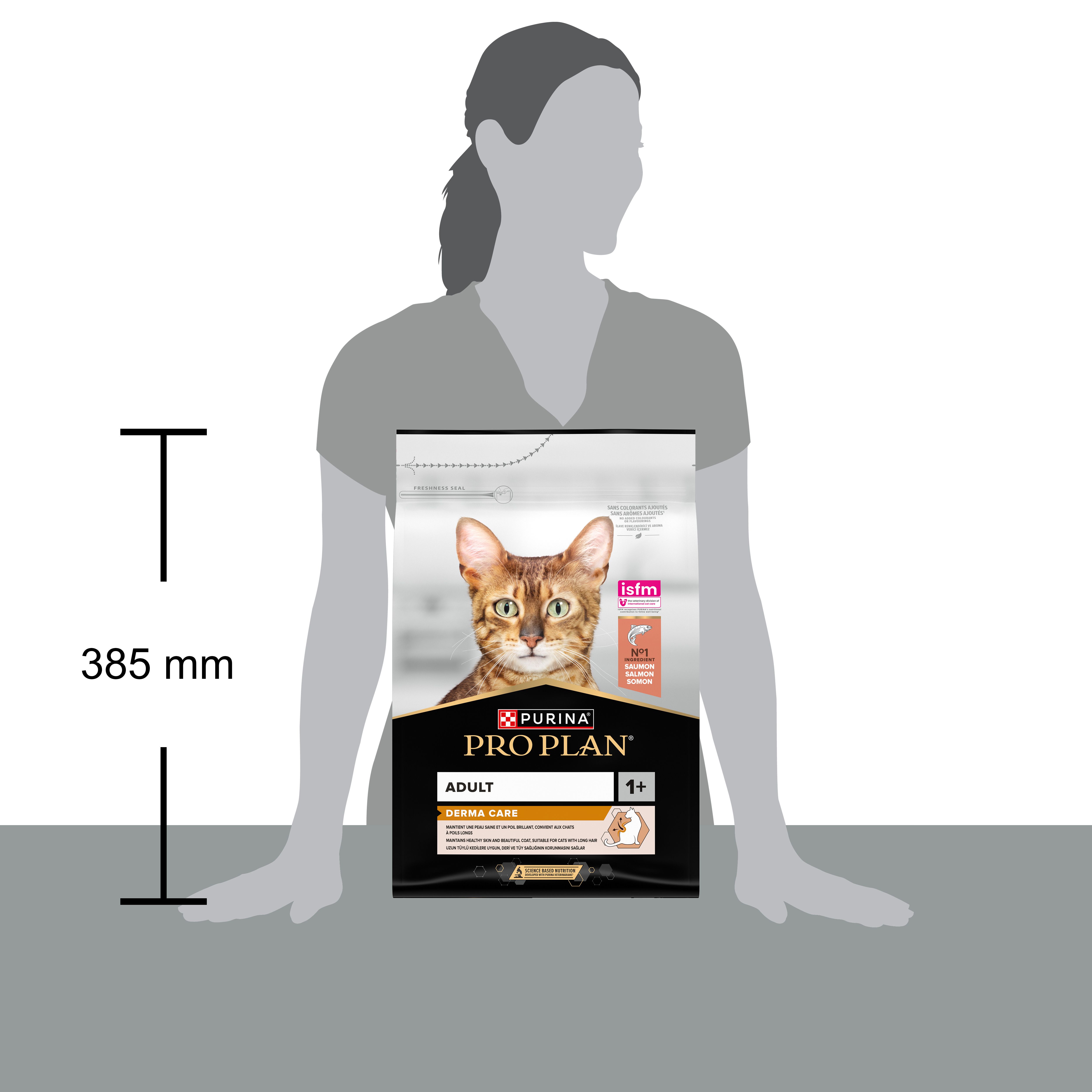 Pro Plan Adult Derma Care, nourriture pour chats. Sac avec image de chat. Contient du saumon. Certification ISFM.