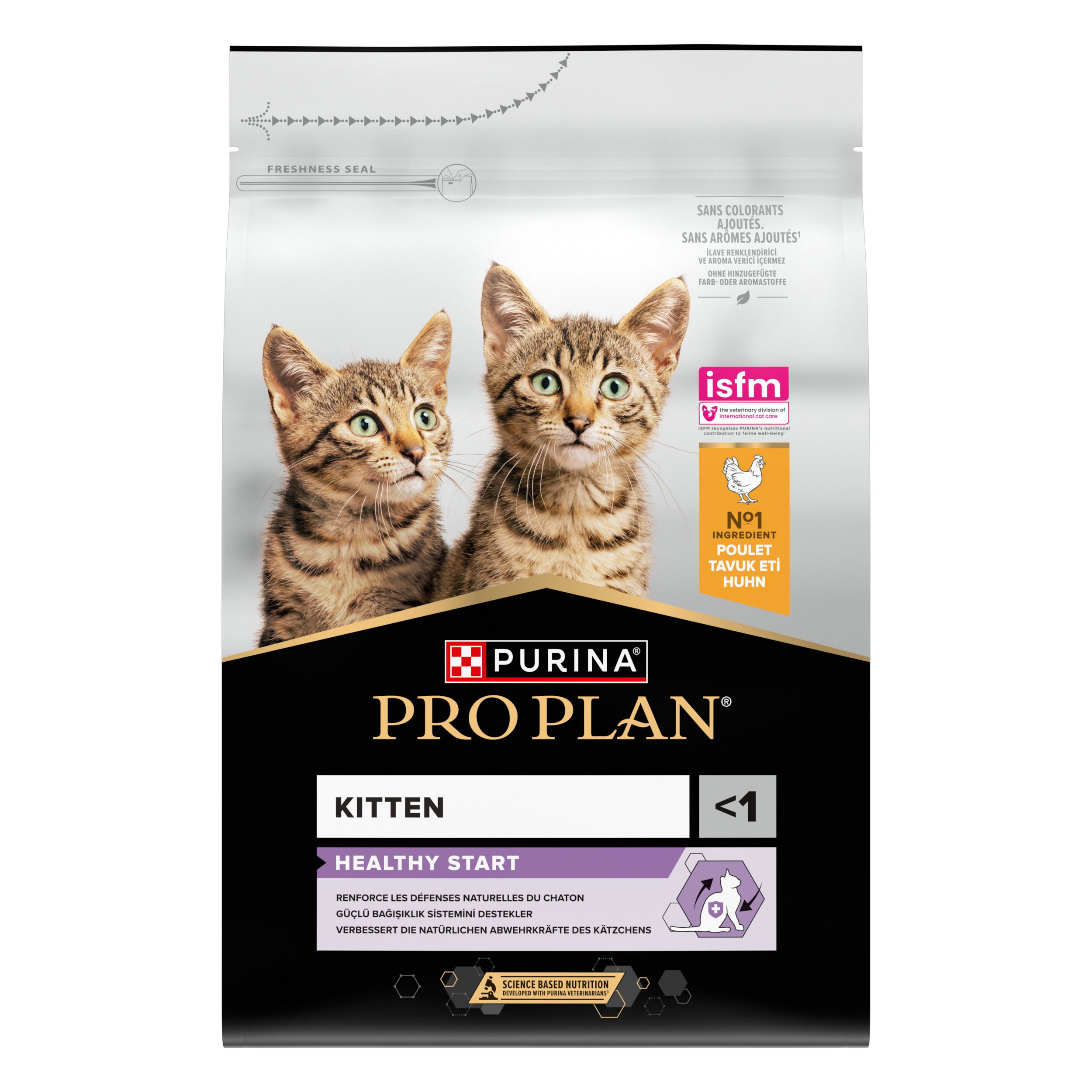 Sac de nourriture pour chatons. Deux chatons sur le devant. Marque : Purina Pro Plan Kitten Healthy Start.