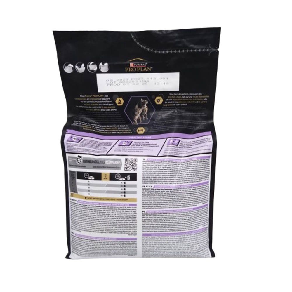 Dos du sac de nourriture pour chat. Texte et informations sur le produit.