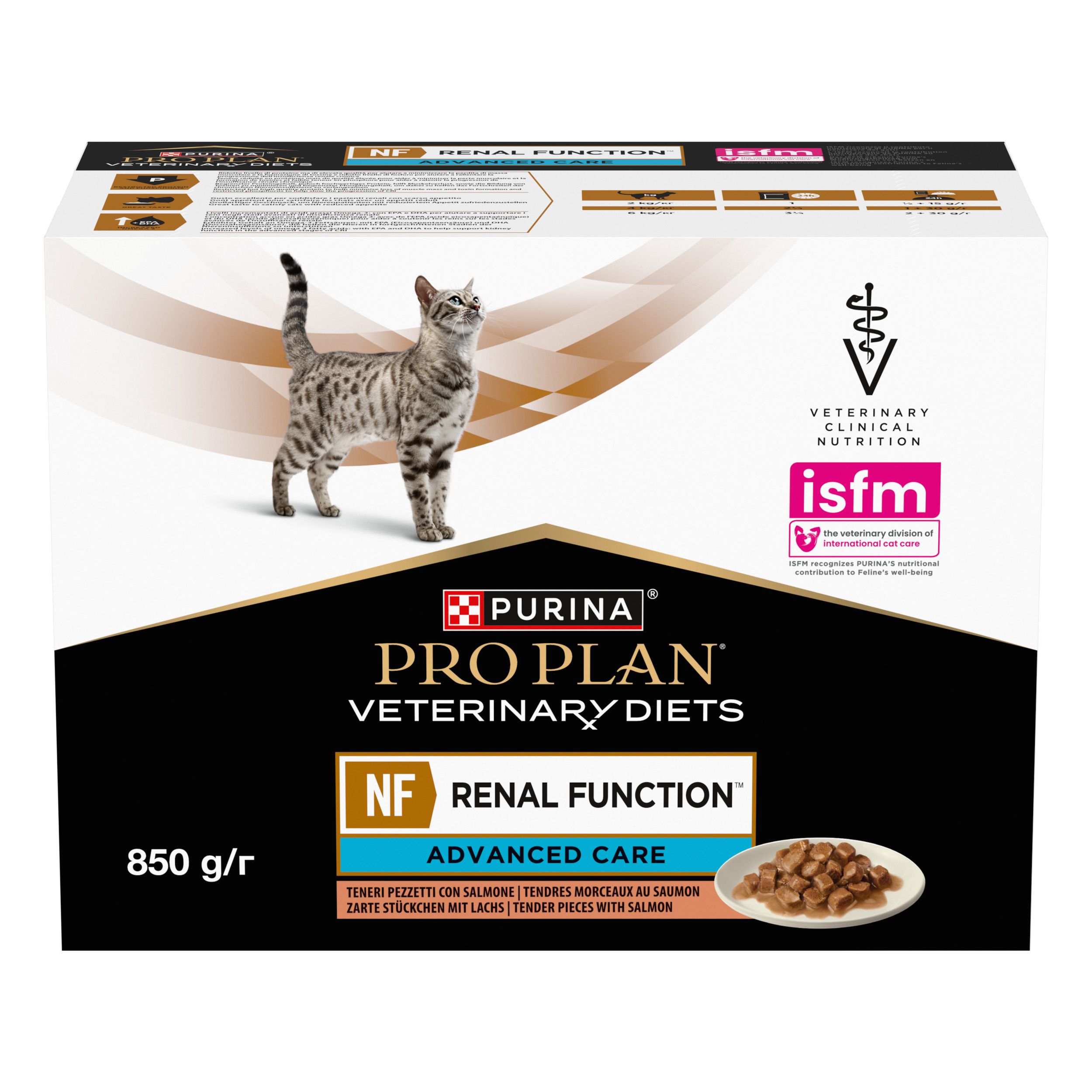 Boîte de nourriture pour chats. Purina Pro Plan Veterinary Diets, NF Renal Function, Advanced Care. Image d'un chat.