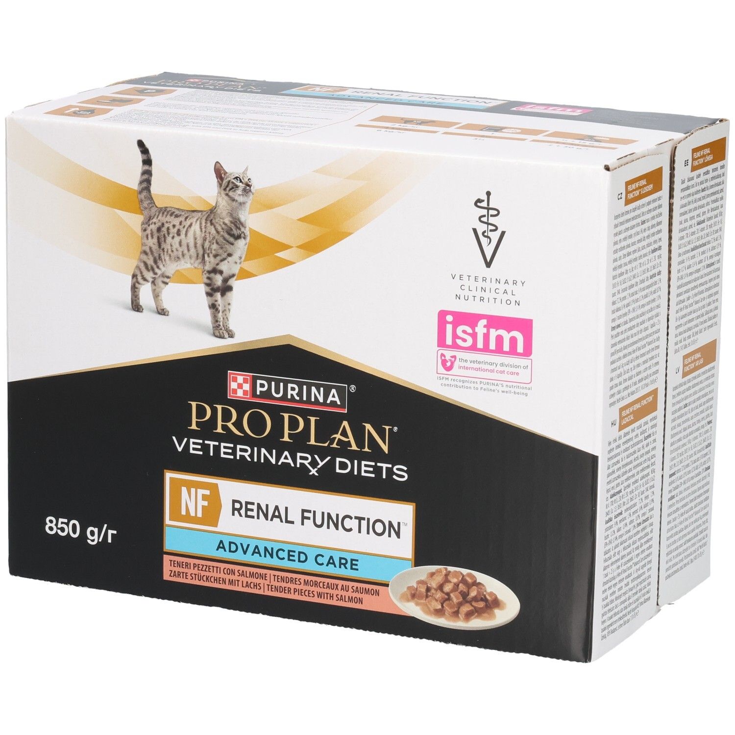 Kartonverpackung für Katzenfutter. Aufdruck: Purina Pro Plan Veterinary Diets, NF Renal Function, Advanced Care. Mit Katze.